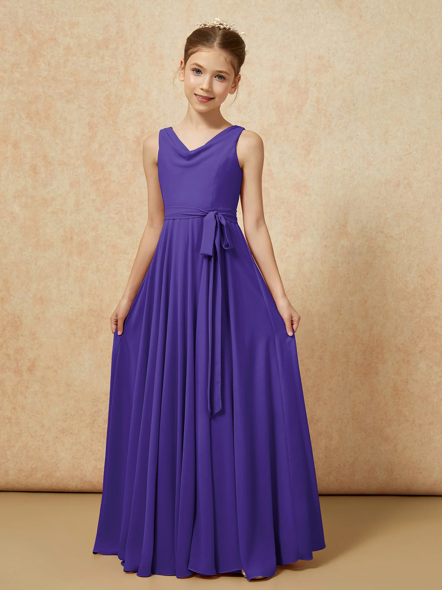 V-neck Chiffon Long Junior Bridesmaid Dress With Belt Regency - Image 5