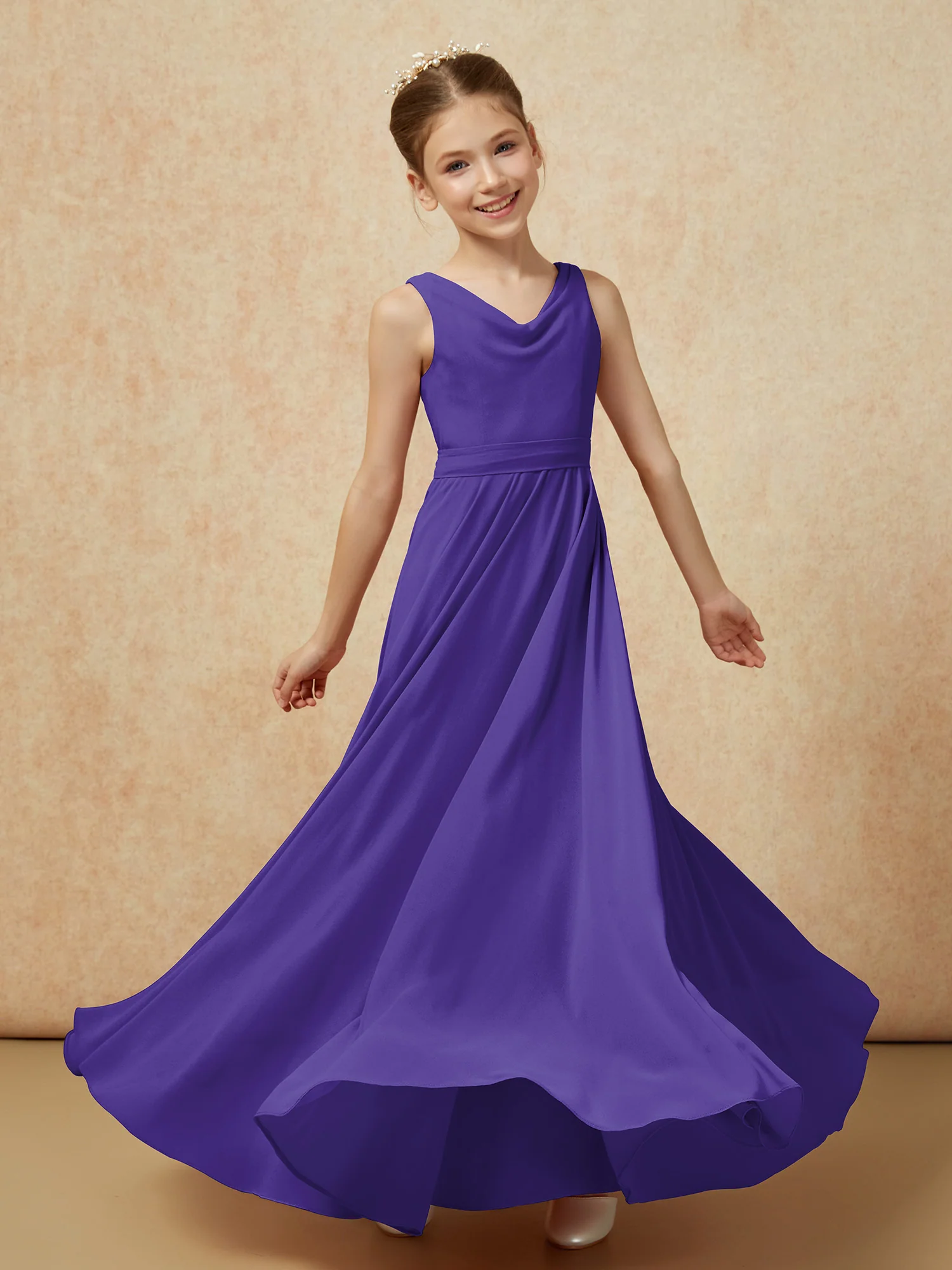 V-neck Chiffon Long Junior Bridesmaid Dress With Belt Regency - Image 6