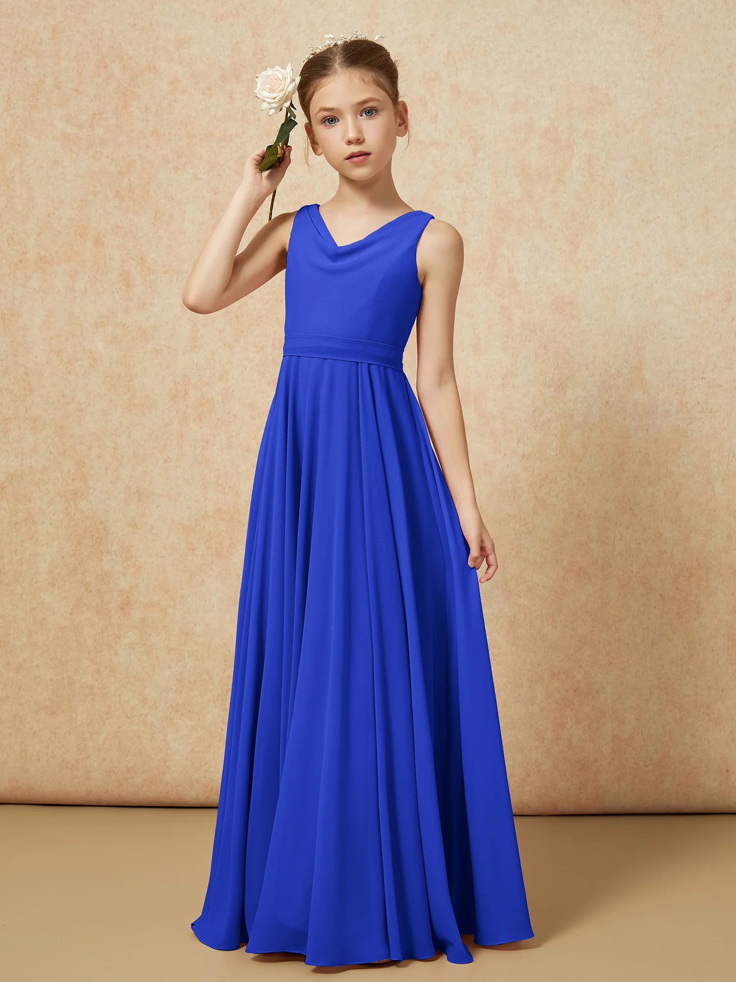 V-neck Chiffon Long Junior Bridesmaid Dress With Belt Royal Blue - Image 4