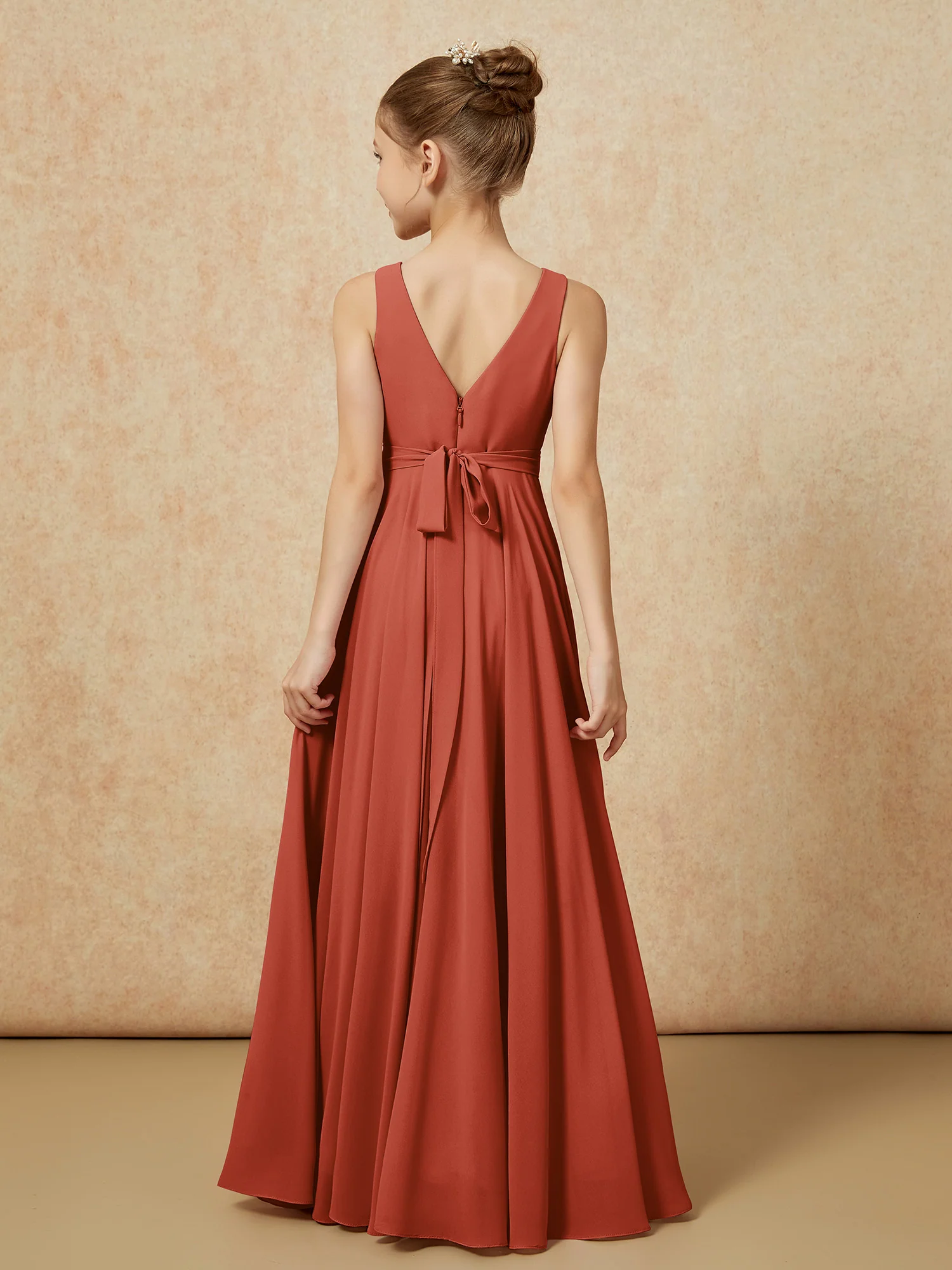 V-neck Chiffon Long Junior Bridesmaid Dress With Belt Rust - Image 2