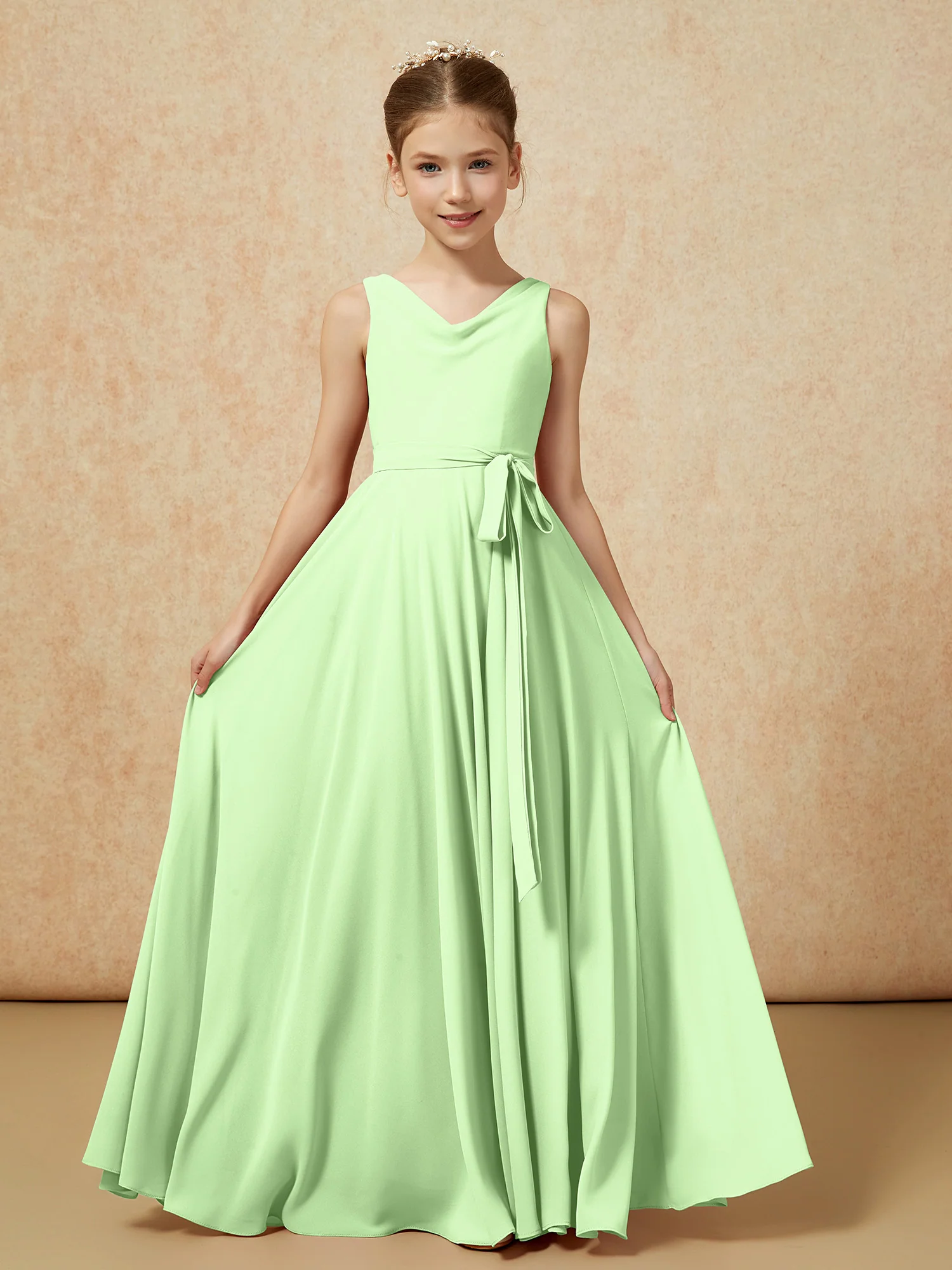 V-neck Chiffon Long Junior Bridesmaid Dress With Belt Sage