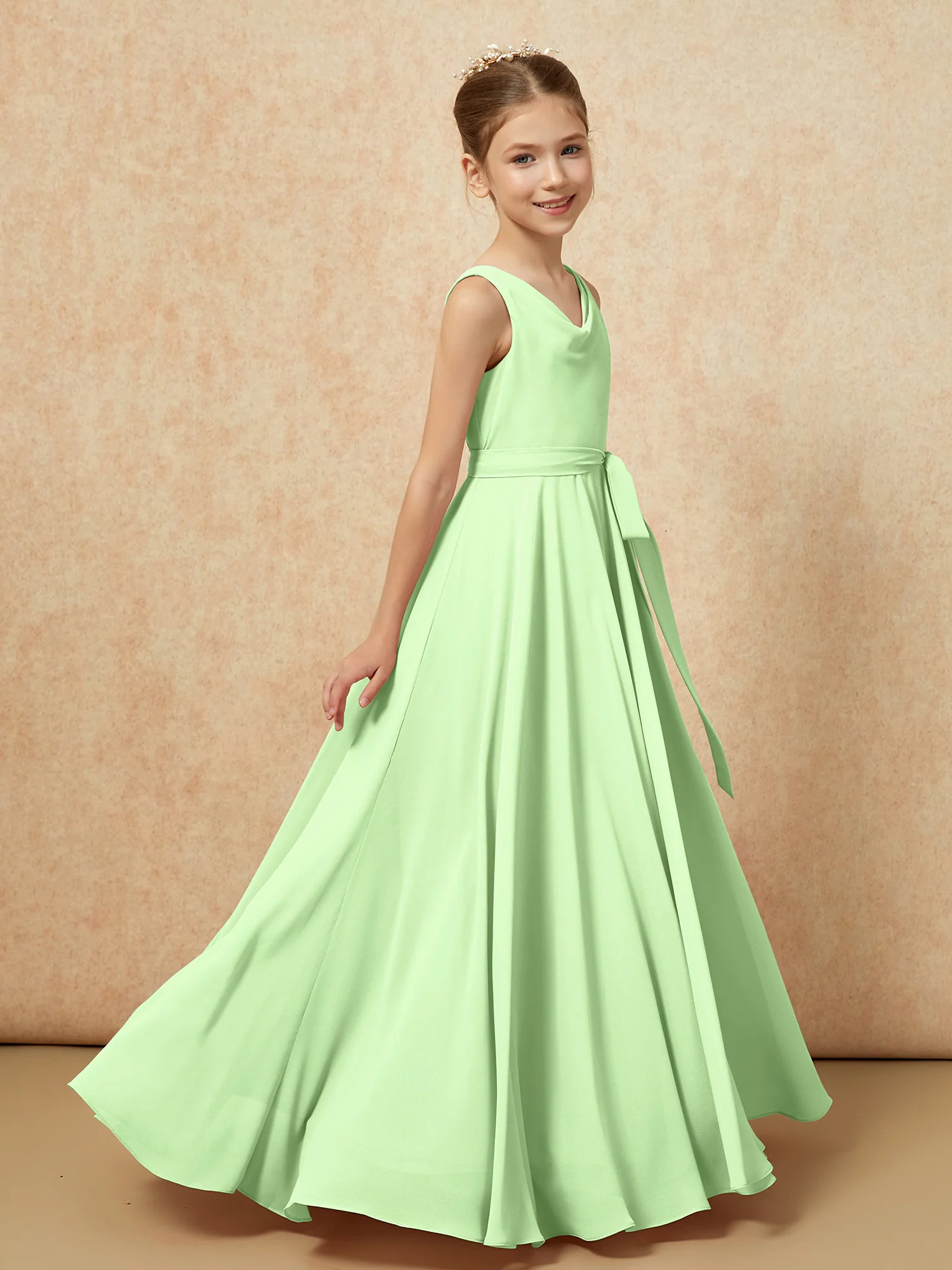 V-neck Chiffon Long Junior Bridesmaid Dress With Belt Sage - Image 3