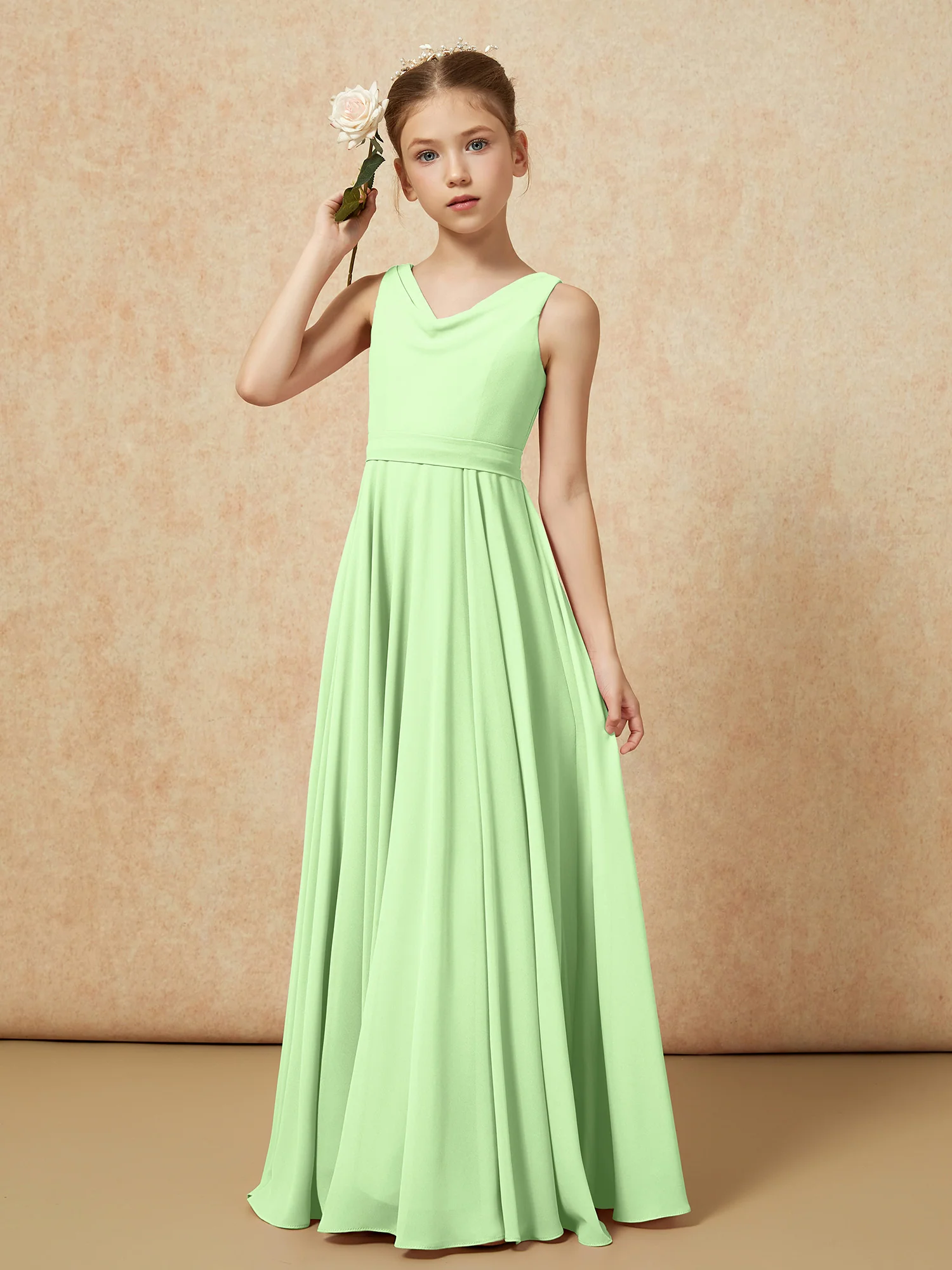 V-neck Chiffon Long Junior Bridesmaid Dress With Belt Sage - Image 4