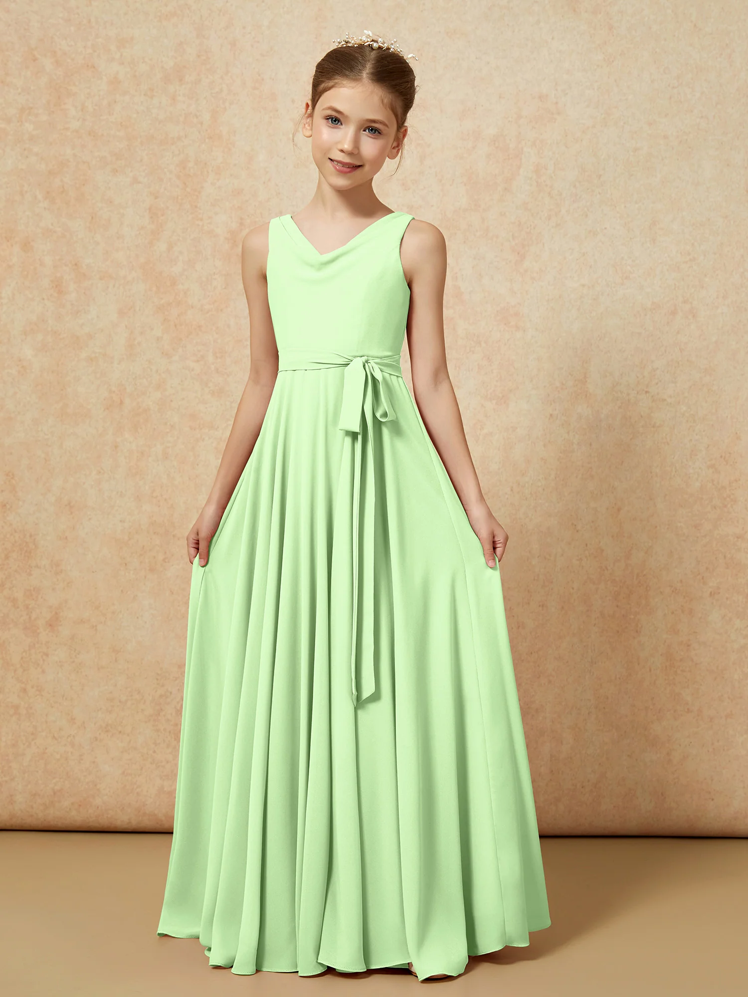 V-neck Chiffon Long Junior Bridesmaid Dress With Belt Sage - Image 5