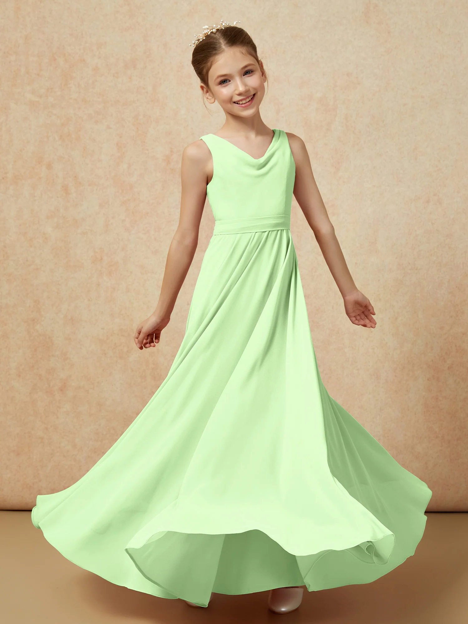 V-neck Chiffon Long Junior Bridesmaid Dress With Belt Sage - Image 6