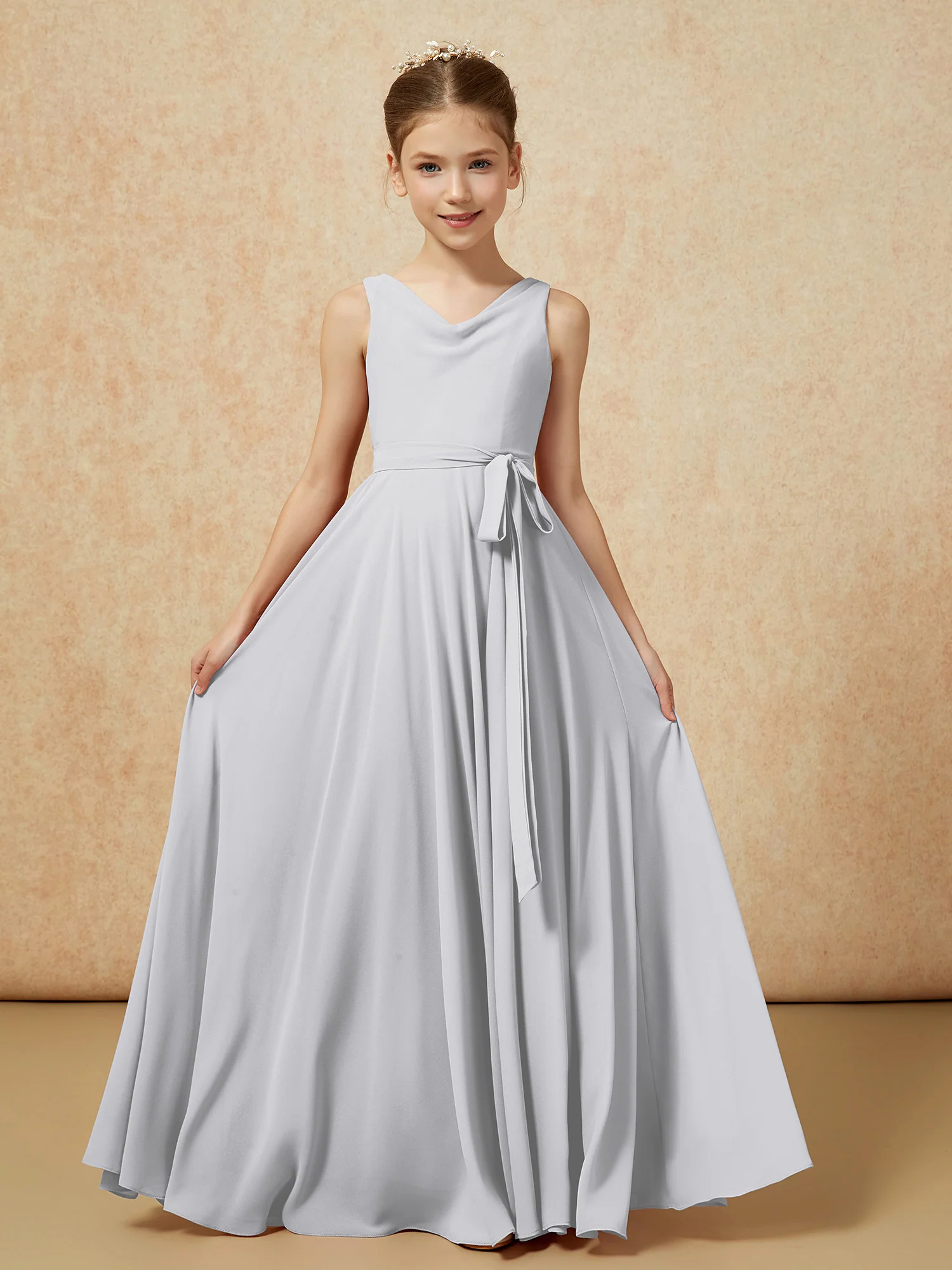 V-neck Chiffon Long Junior Bridesmaid Dress With Belt Silver