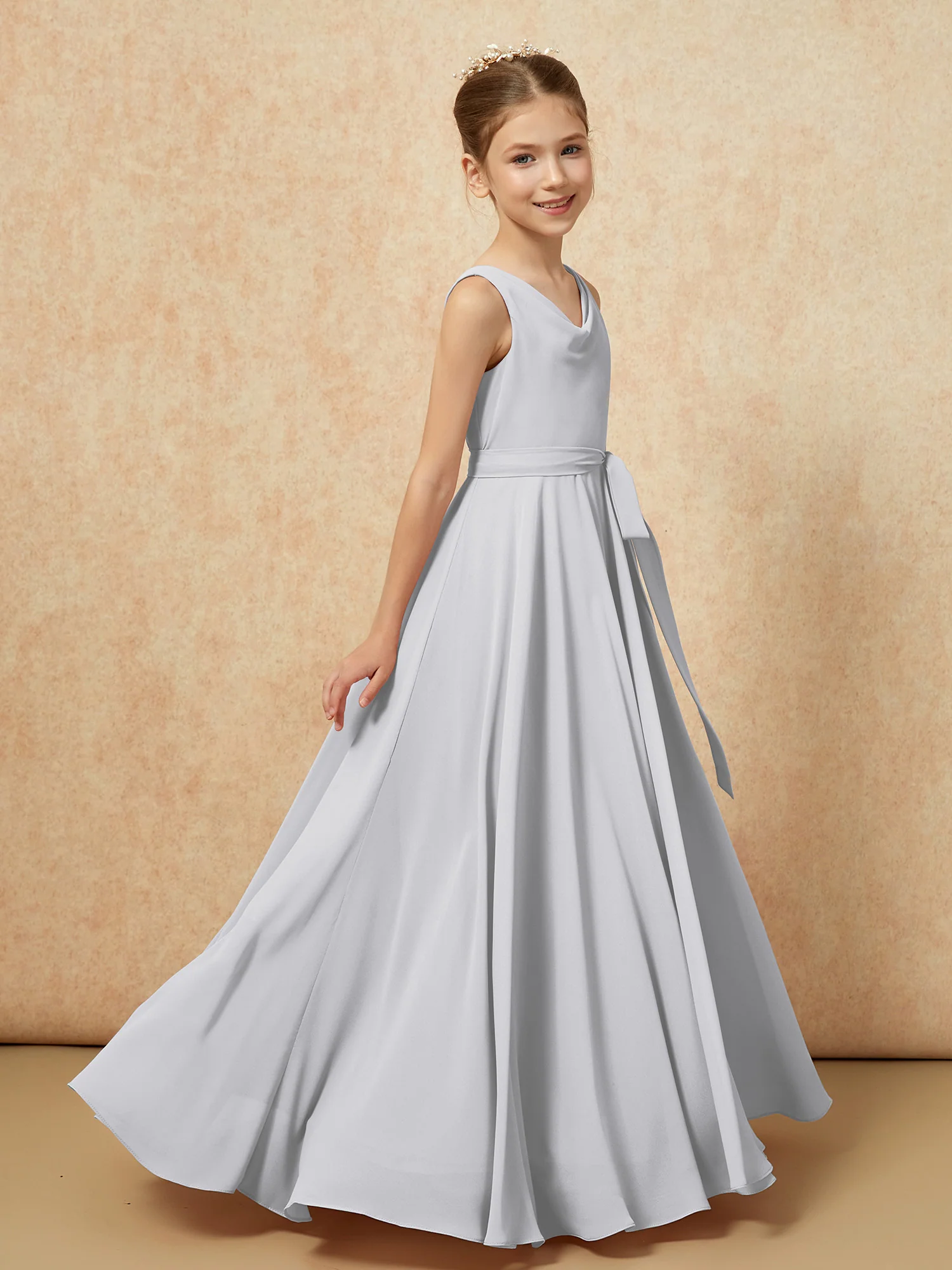 V-neck Chiffon Long Junior Bridesmaid Dress With Belt Silver - Image 3