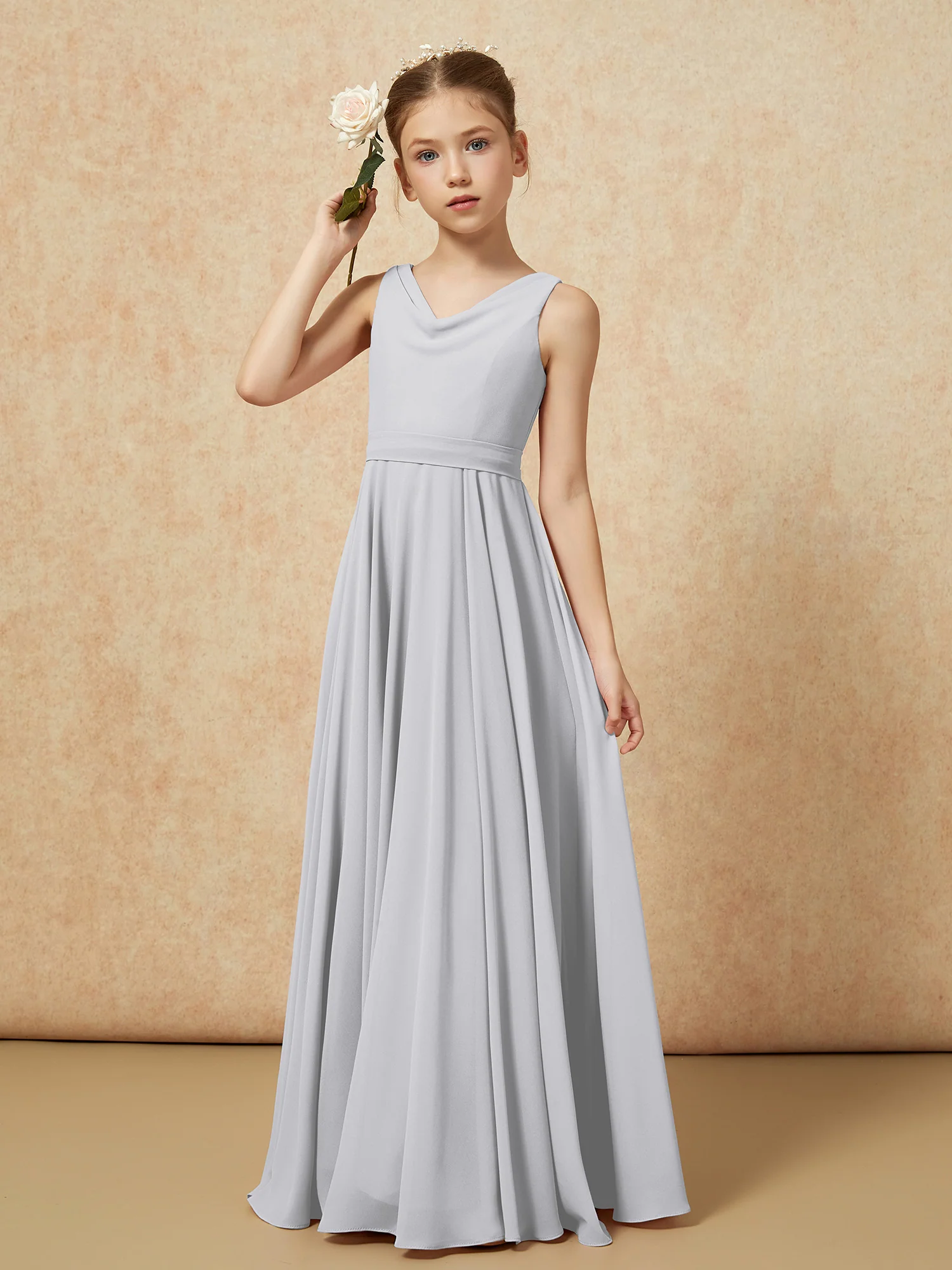 V-neck Chiffon Long Junior Bridesmaid Dress With Belt Silver - Image 4