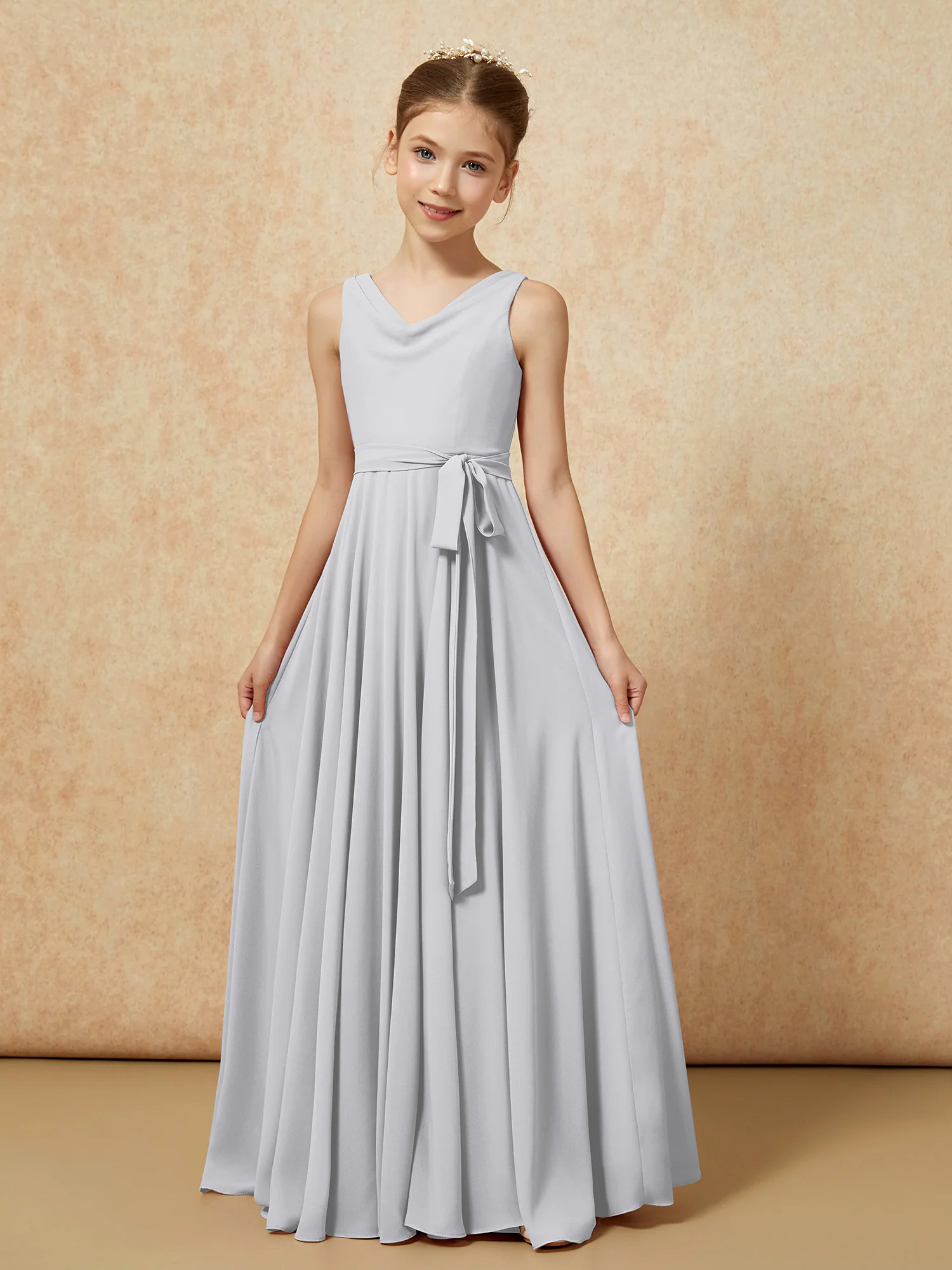 V-neck Chiffon Long Junior Bridesmaid Dress With Belt Silver - Image 5