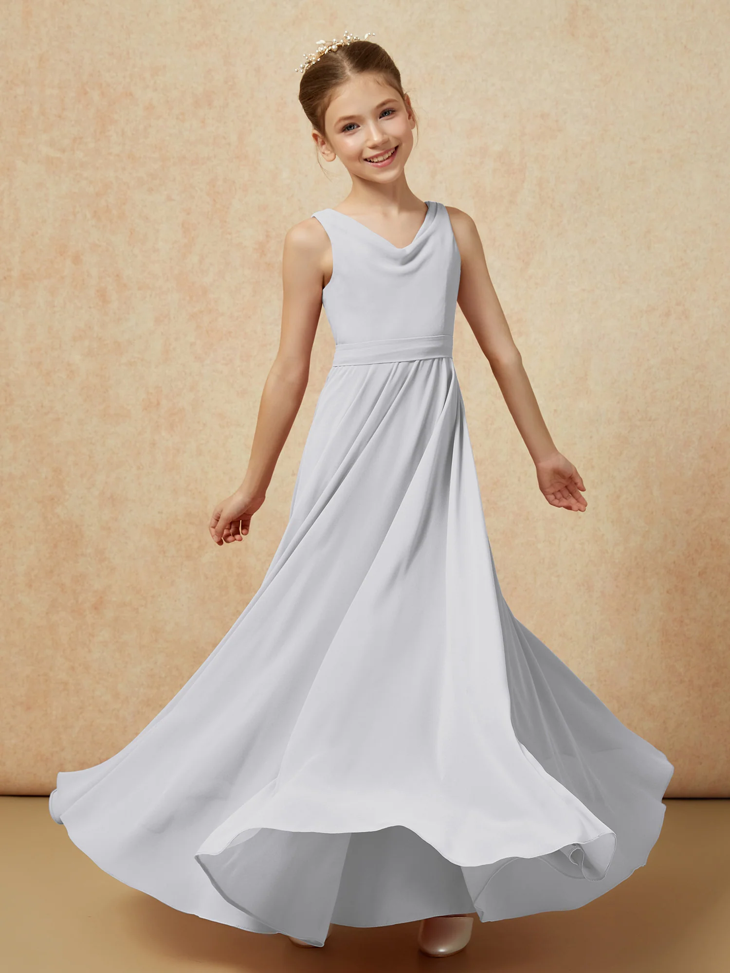 V-neck Chiffon Long Junior Bridesmaid Dress With Belt Silver - Image 6