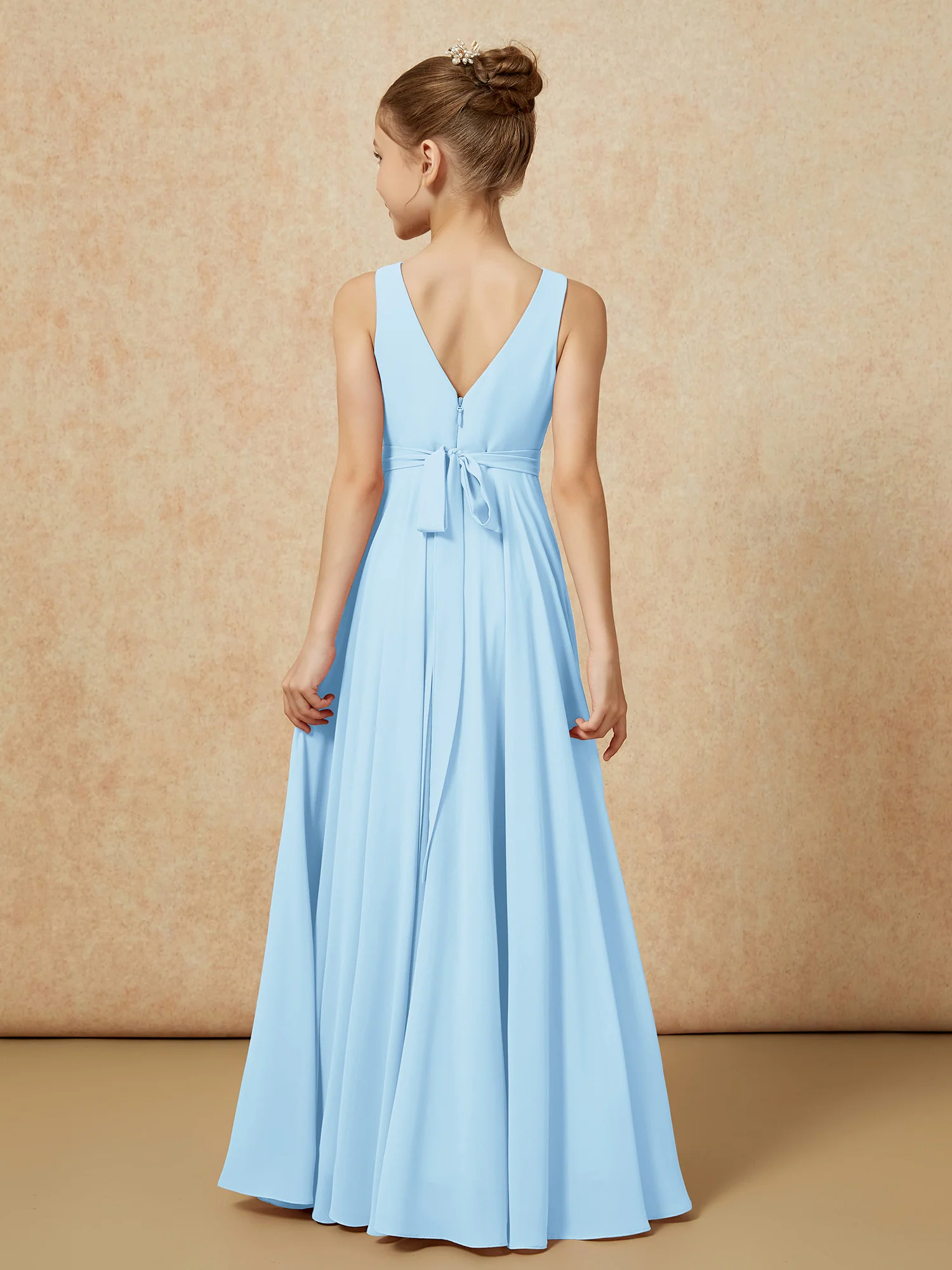 V-neck Chiffon Long Junior Bridesmaid Dress With Belt Sky Blue - Image 2