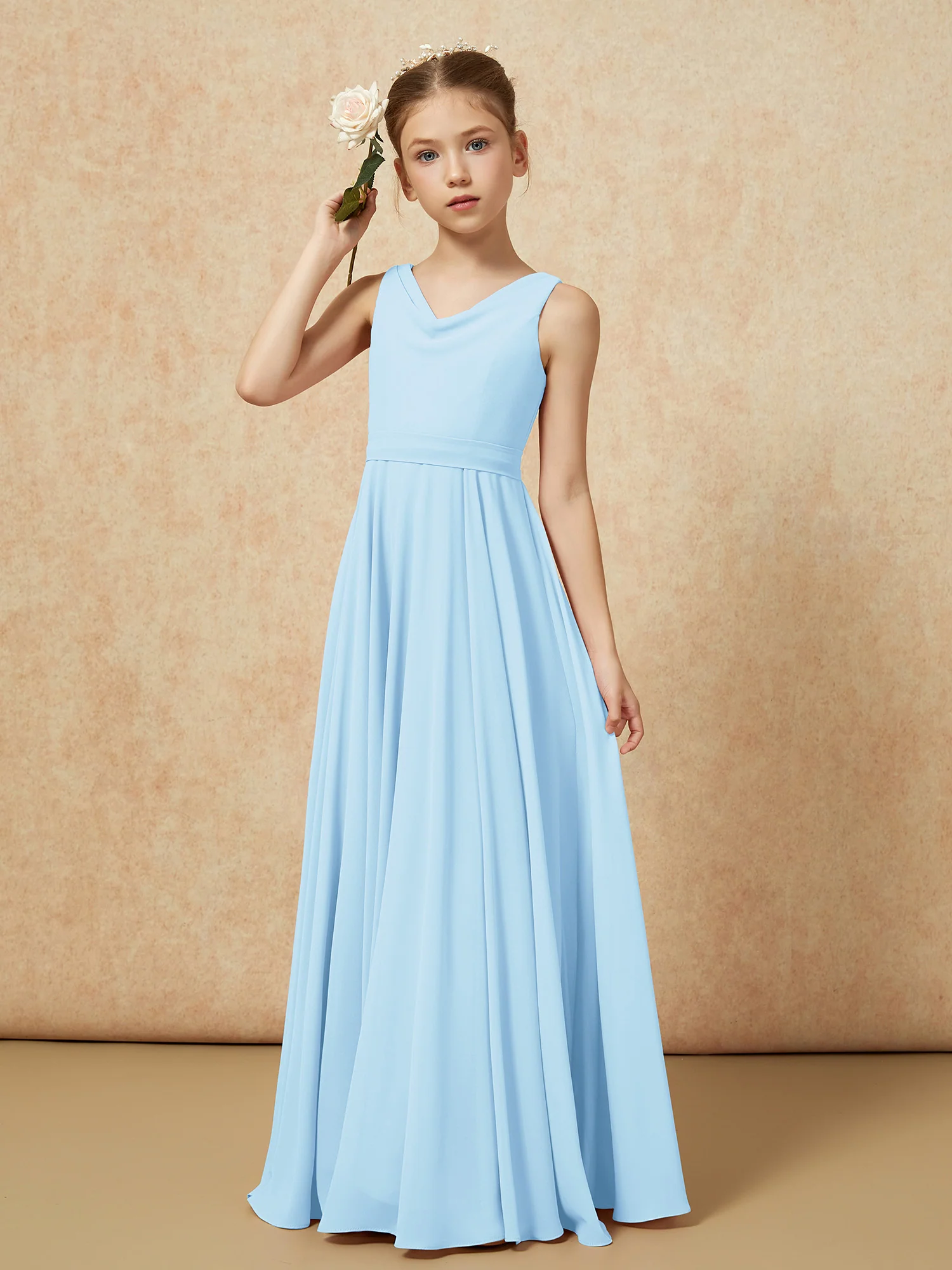 V-neck Chiffon Long Junior Bridesmaid Dress With Belt Sky Blue - Image 4