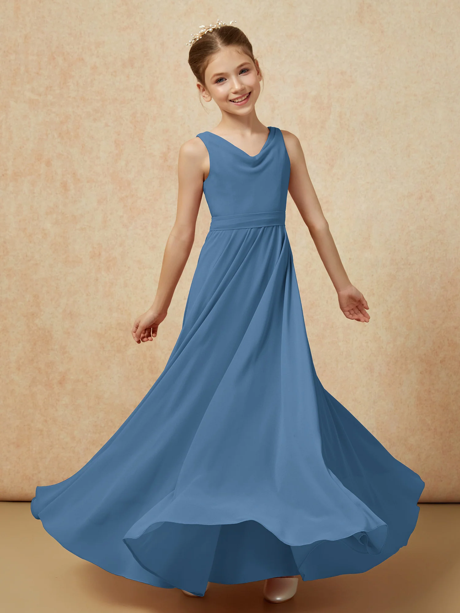 V-neck Chiffon Long Junior Bridesmaid Dress With Belt Slate Blue - Image 6