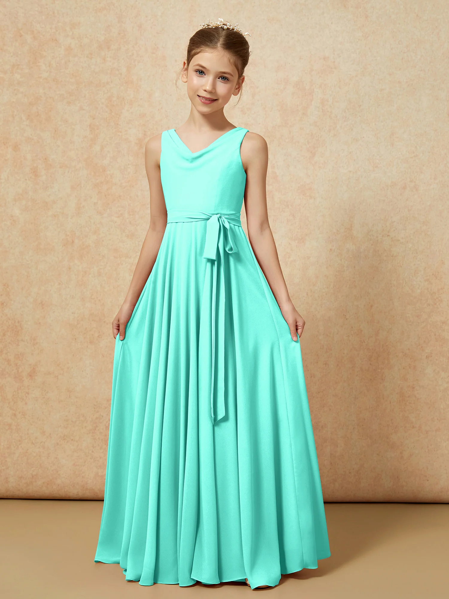 V-neck Chiffon Long Junior Bridesmaid Dress With Belt Spa - Image 5