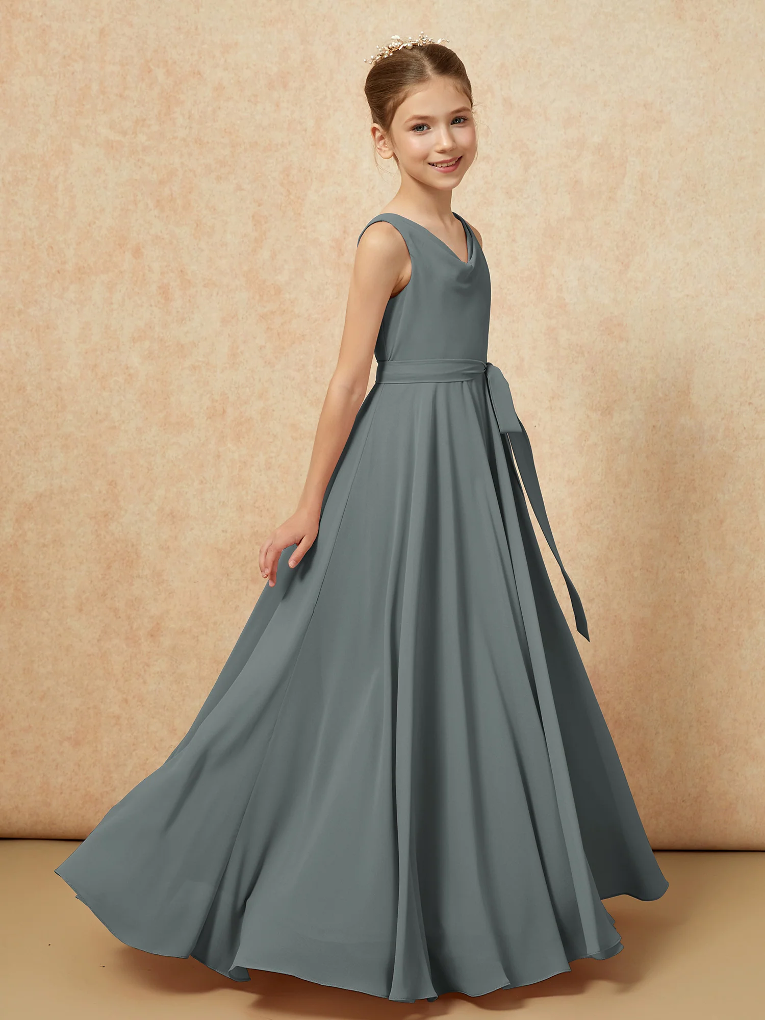 V-neck Chiffon Long Junior Bridesmaid Dress With Belt Steel Grey - Image 3