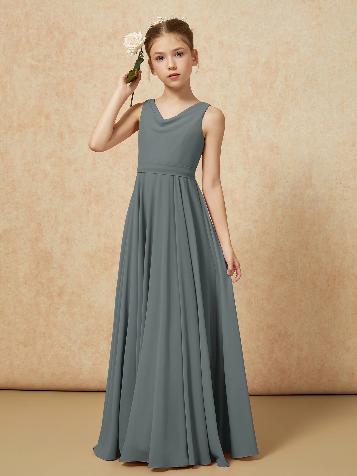 V-neck Chiffon Long Junior Bridesmaid Dress With Belt Steel Grey - Image 4