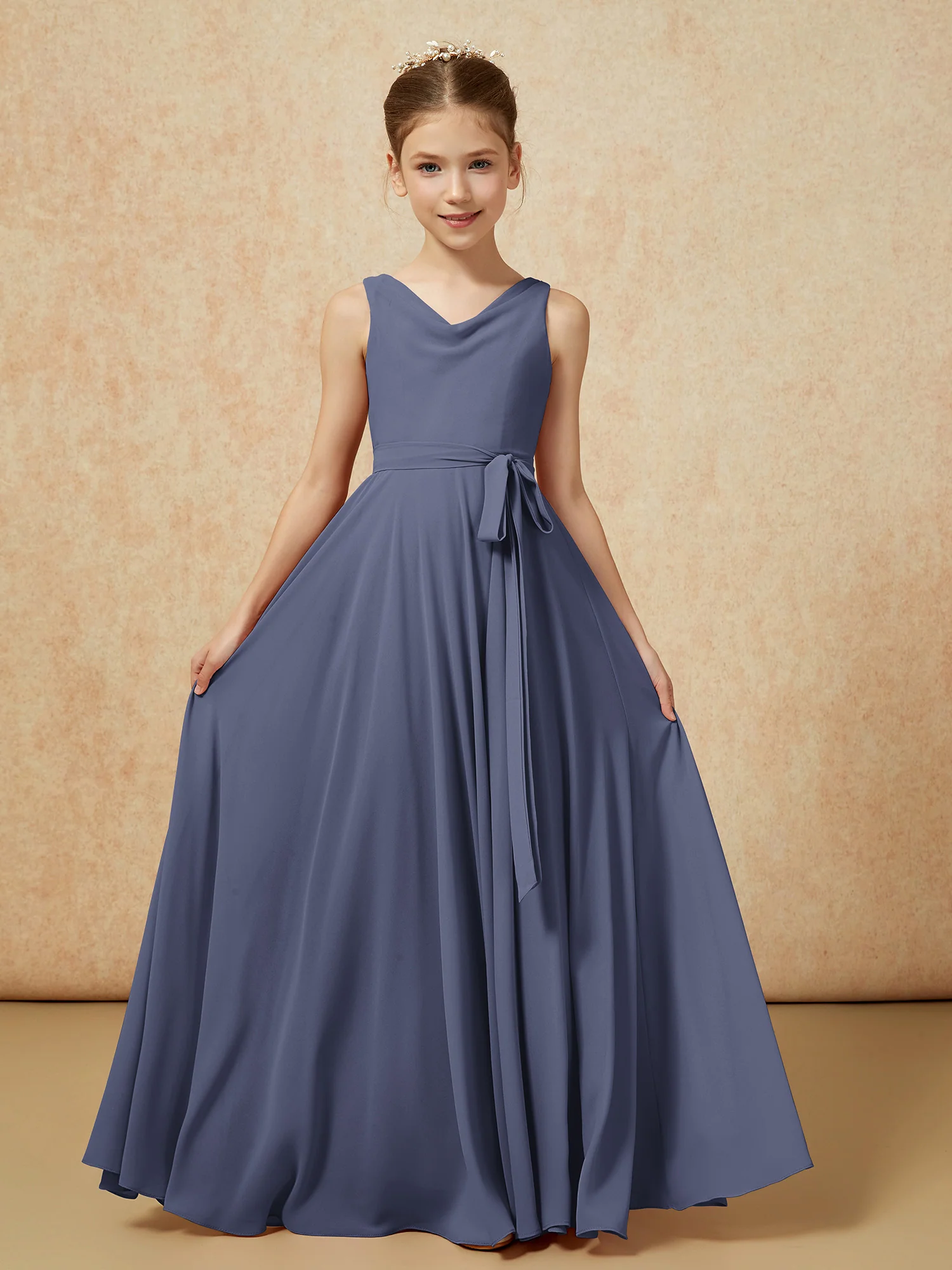 V-neck Chiffon Long Junior Bridesmaid Dress With Belt Stormy