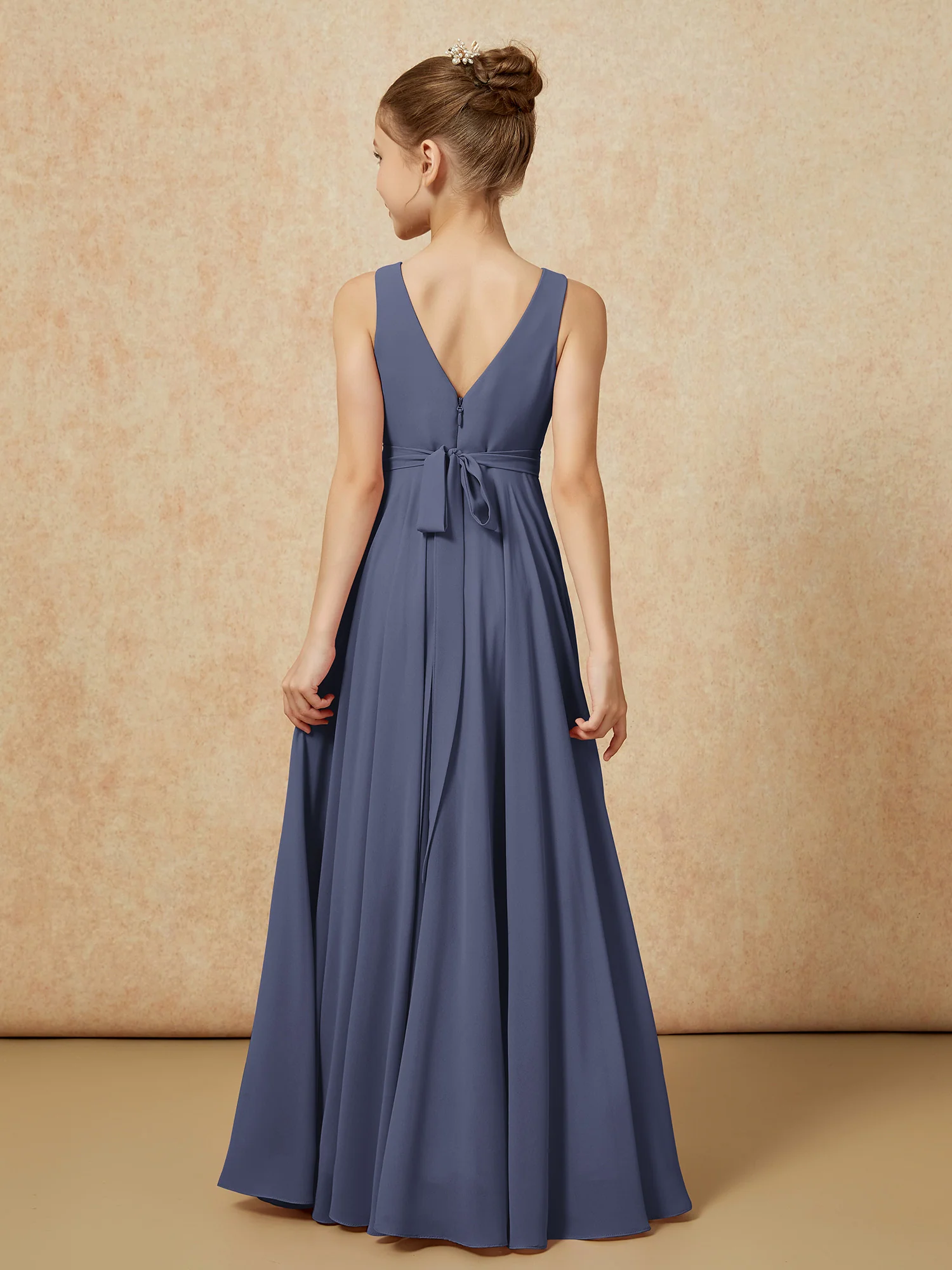 V-neck Chiffon Long Junior Bridesmaid Dress With Belt Stormy - Image 2