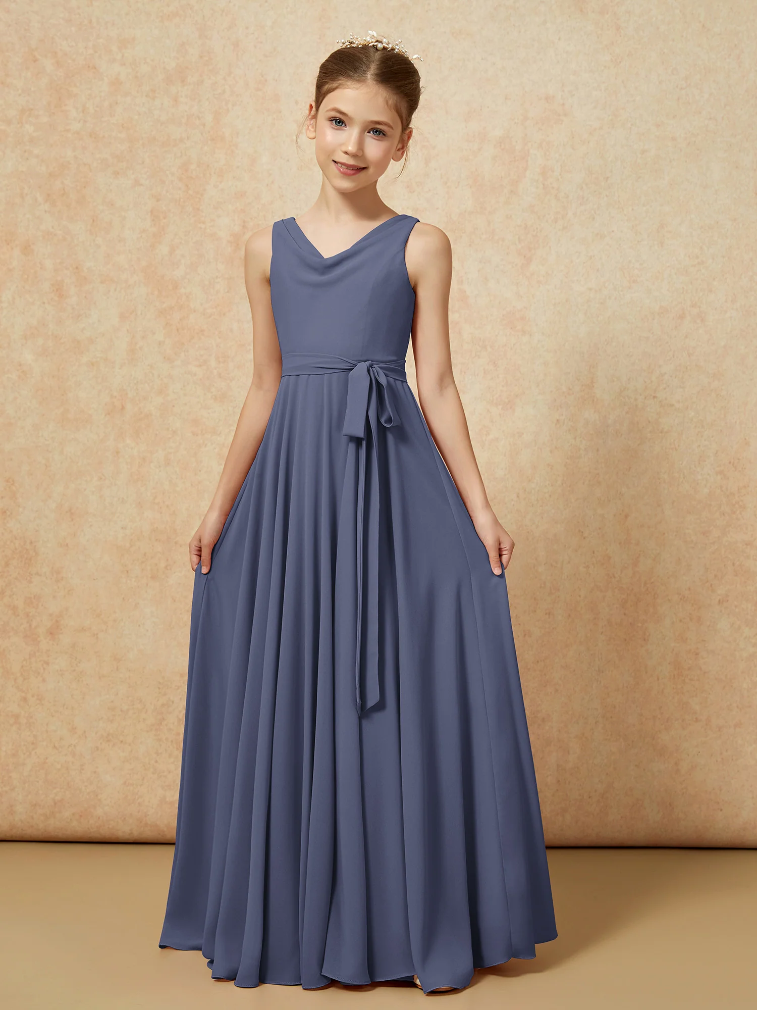V-neck Chiffon Long Junior Bridesmaid Dress With Belt Stormy - Image 5