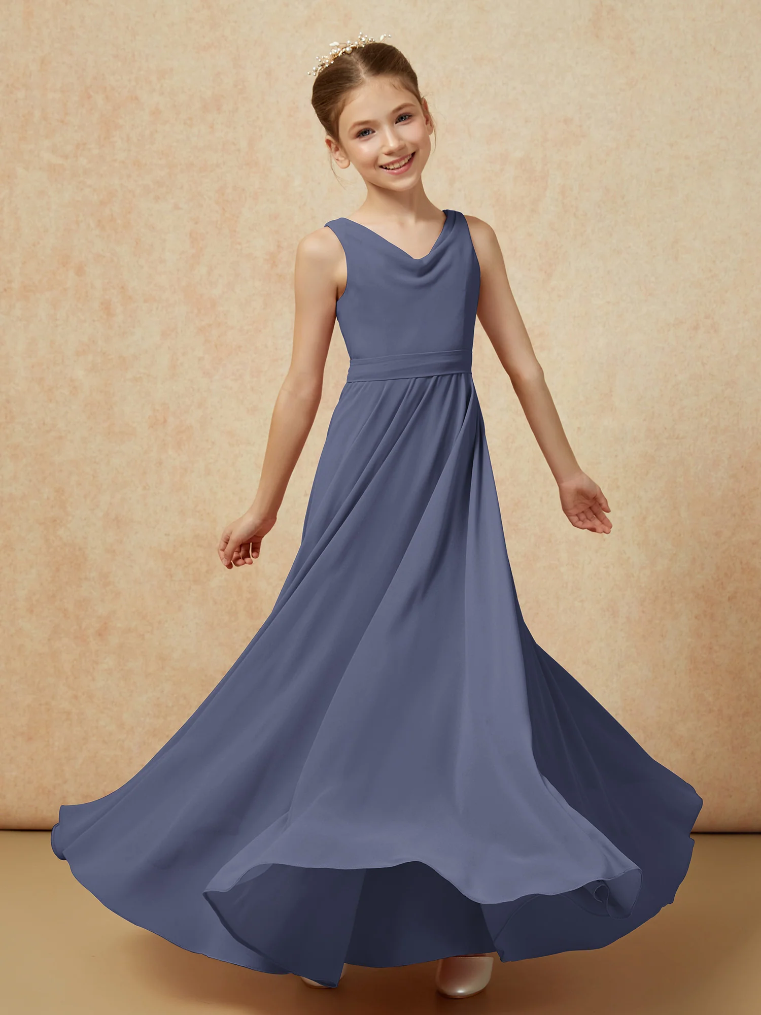 V-neck Chiffon Long Junior Bridesmaid Dress With Belt Stormy - Image 6