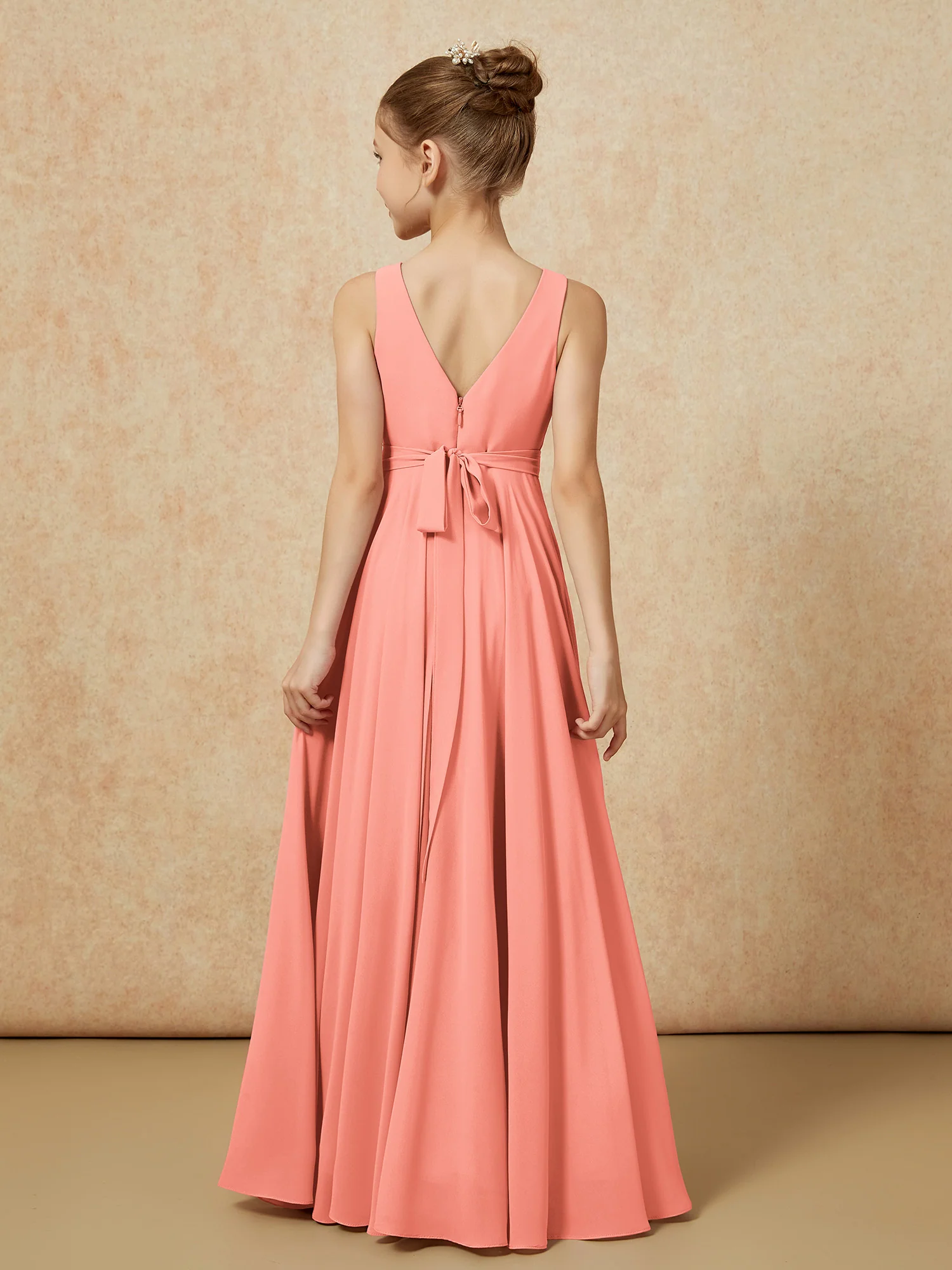 V-neck Chiffon Long Junior Bridesmaid Dress With Belt Sunset - Image 2