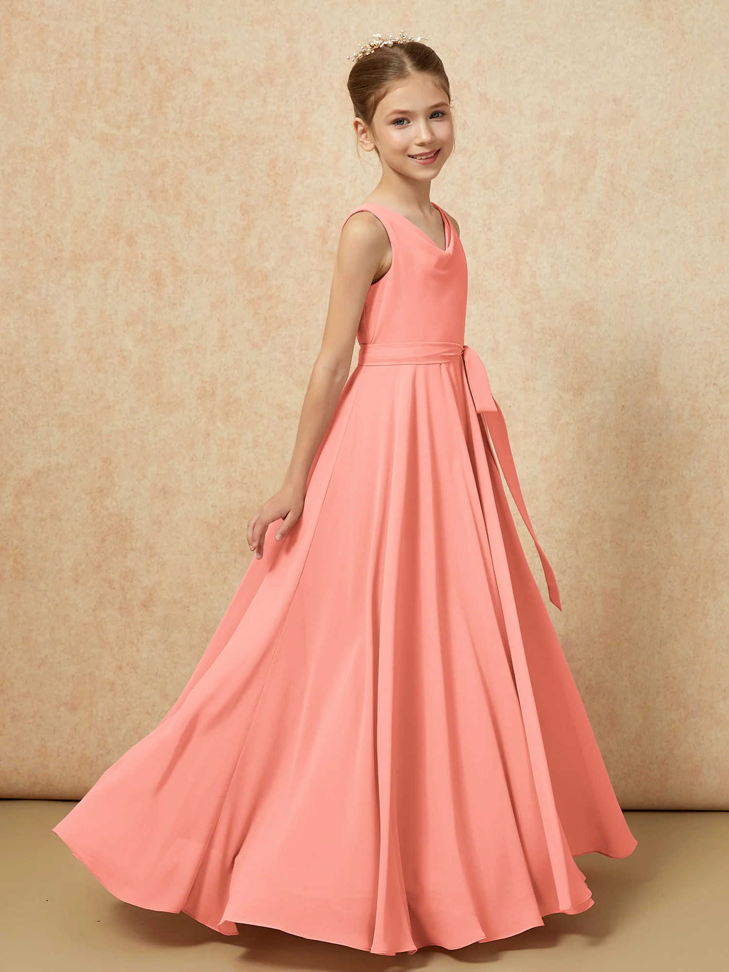 V-neck Chiffon Long Junior Bridesmaid Dress With Belt Sunset - Image 3