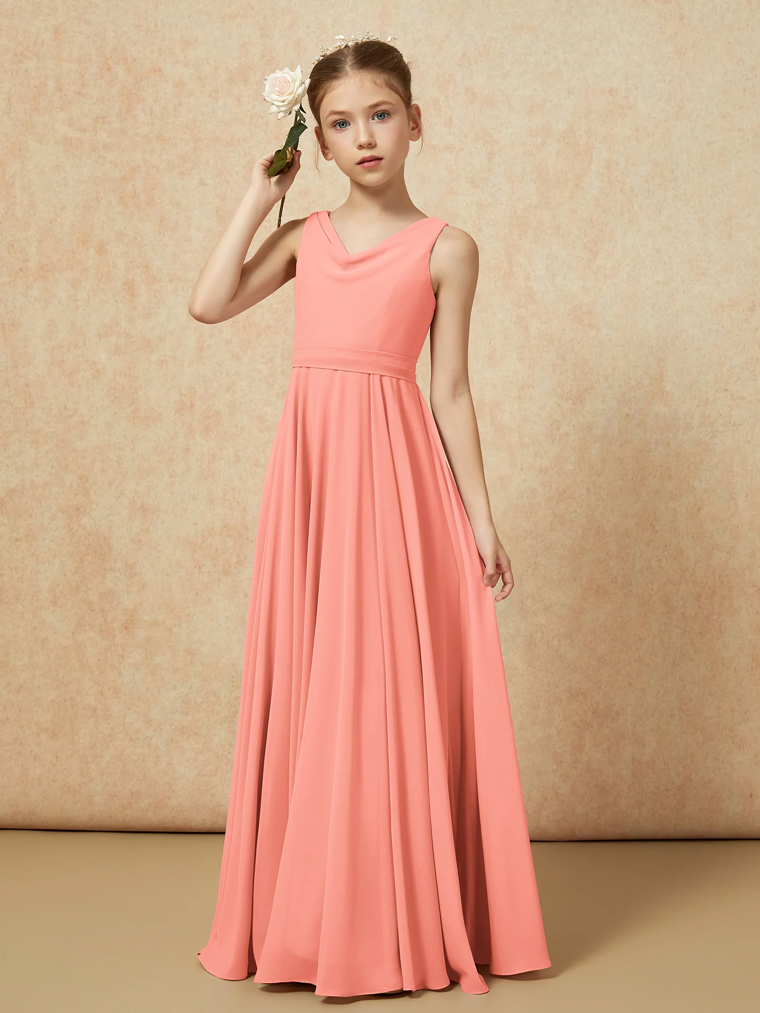 V-neck Chiffon Long Junior Bridesmaid Dress With Belt Sunset - Image 4