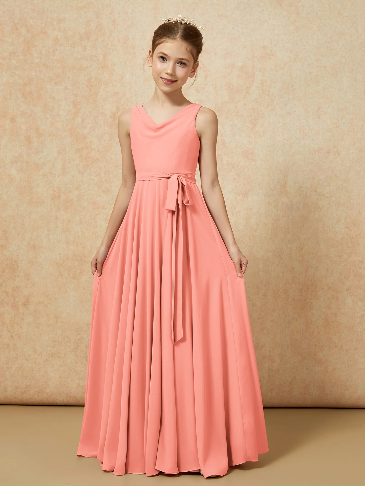 V-neck Chiffon Long Junior Bridesmaid Dress With Belt Sunset - Image 5