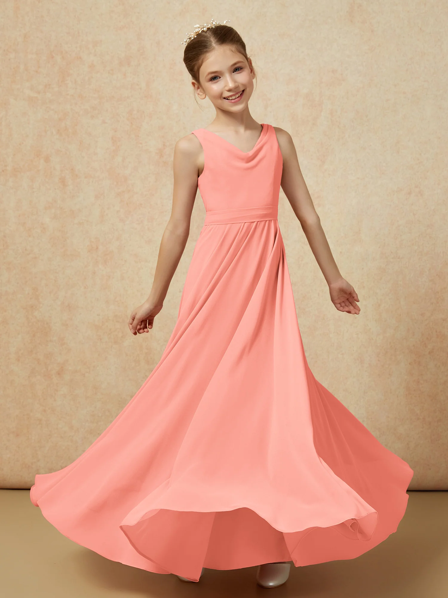 V-neck Chiffon Long Junior Bridesmaid Dress With Belt Sunset - Image 6