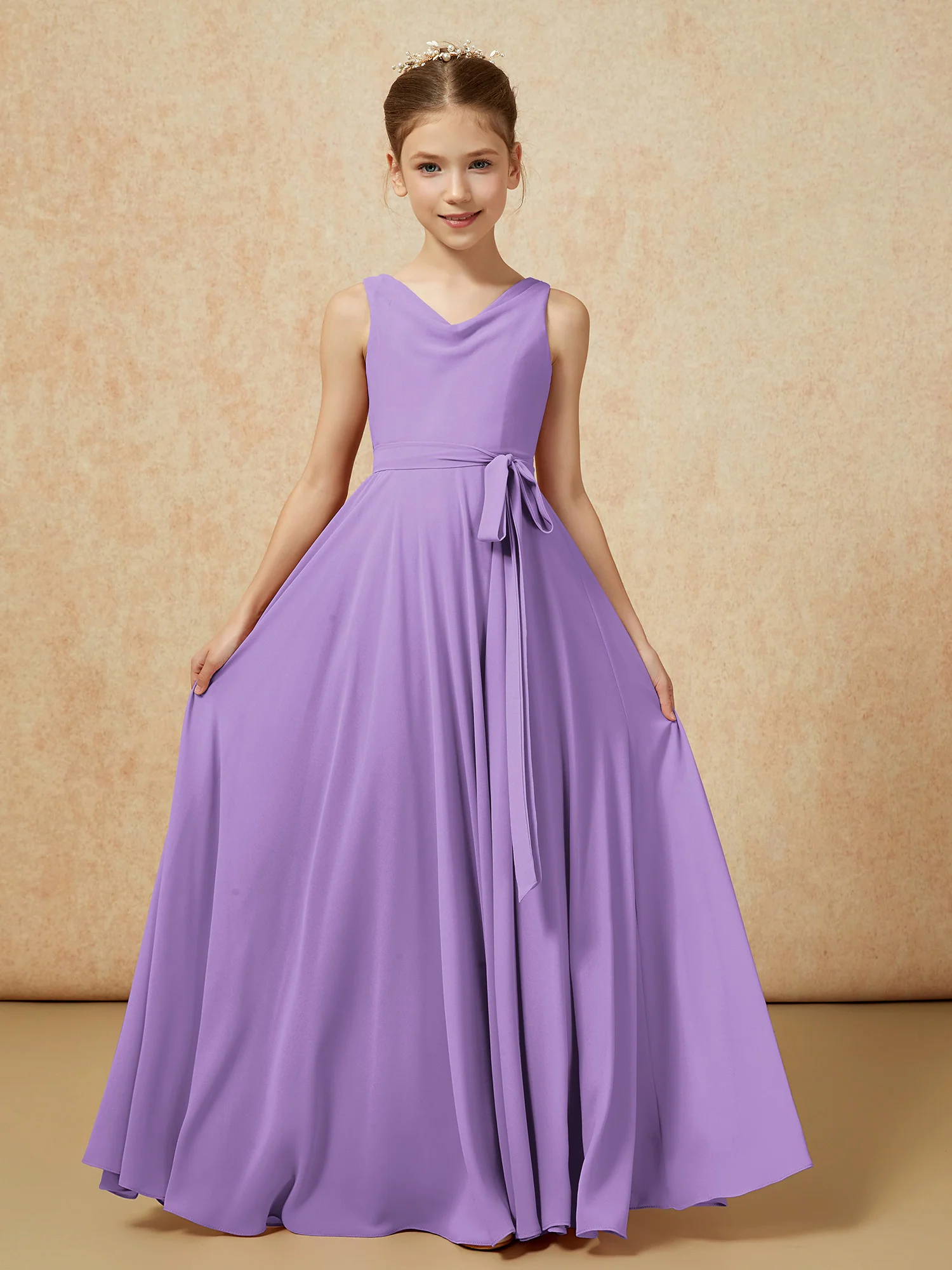 V-neck Chiffon Long Junior Bridesmaid Dress With Belt Tahiti