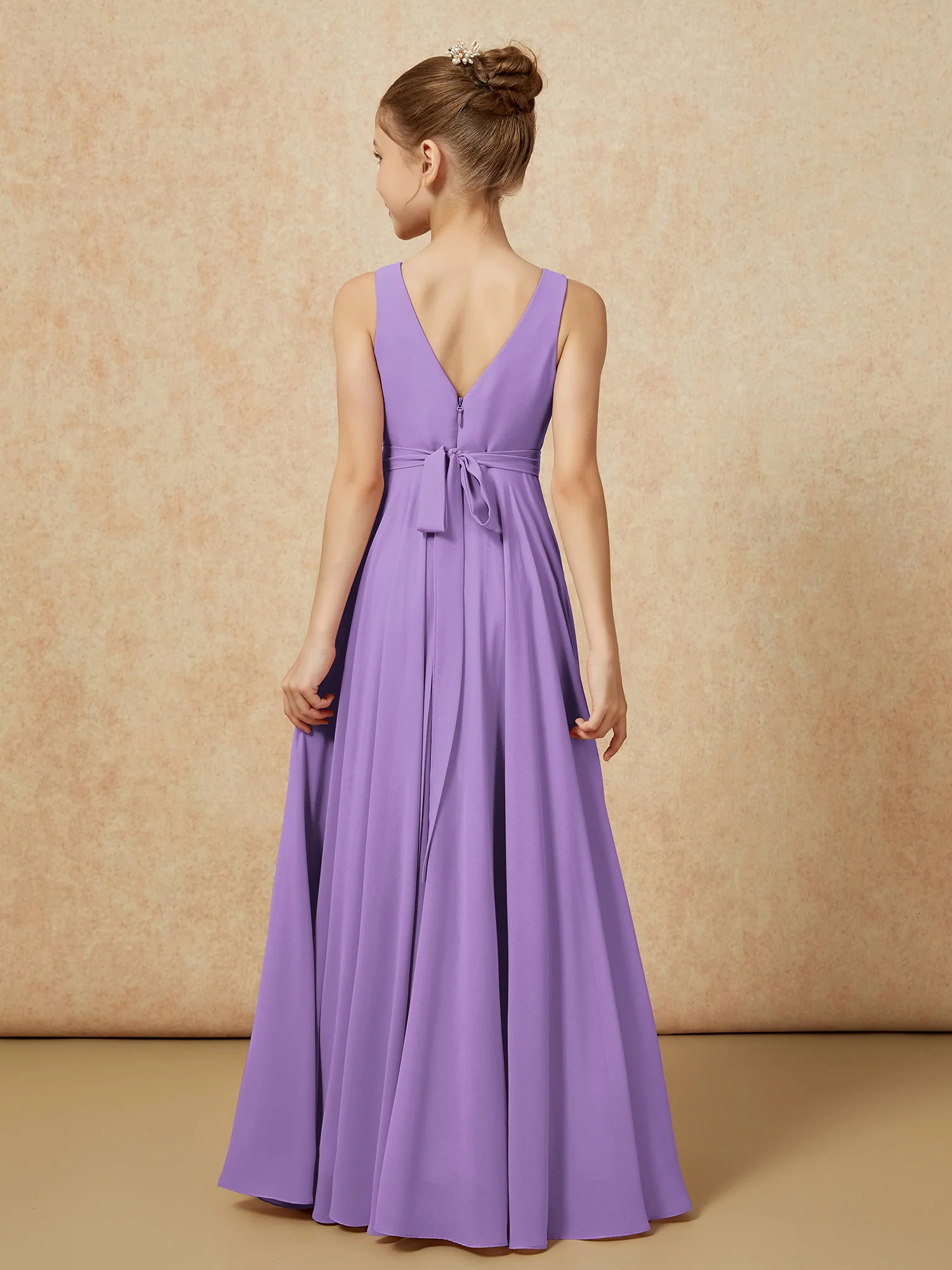 V-neck Chiffon Long Junior Bridesmaid Dress With Belt Tahiti - Image 2