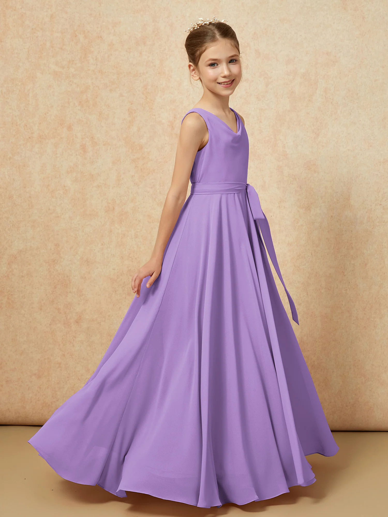 V-neck Chiffon Long Junior Bridesmaid Dress With Belt Tahiti - Image 3