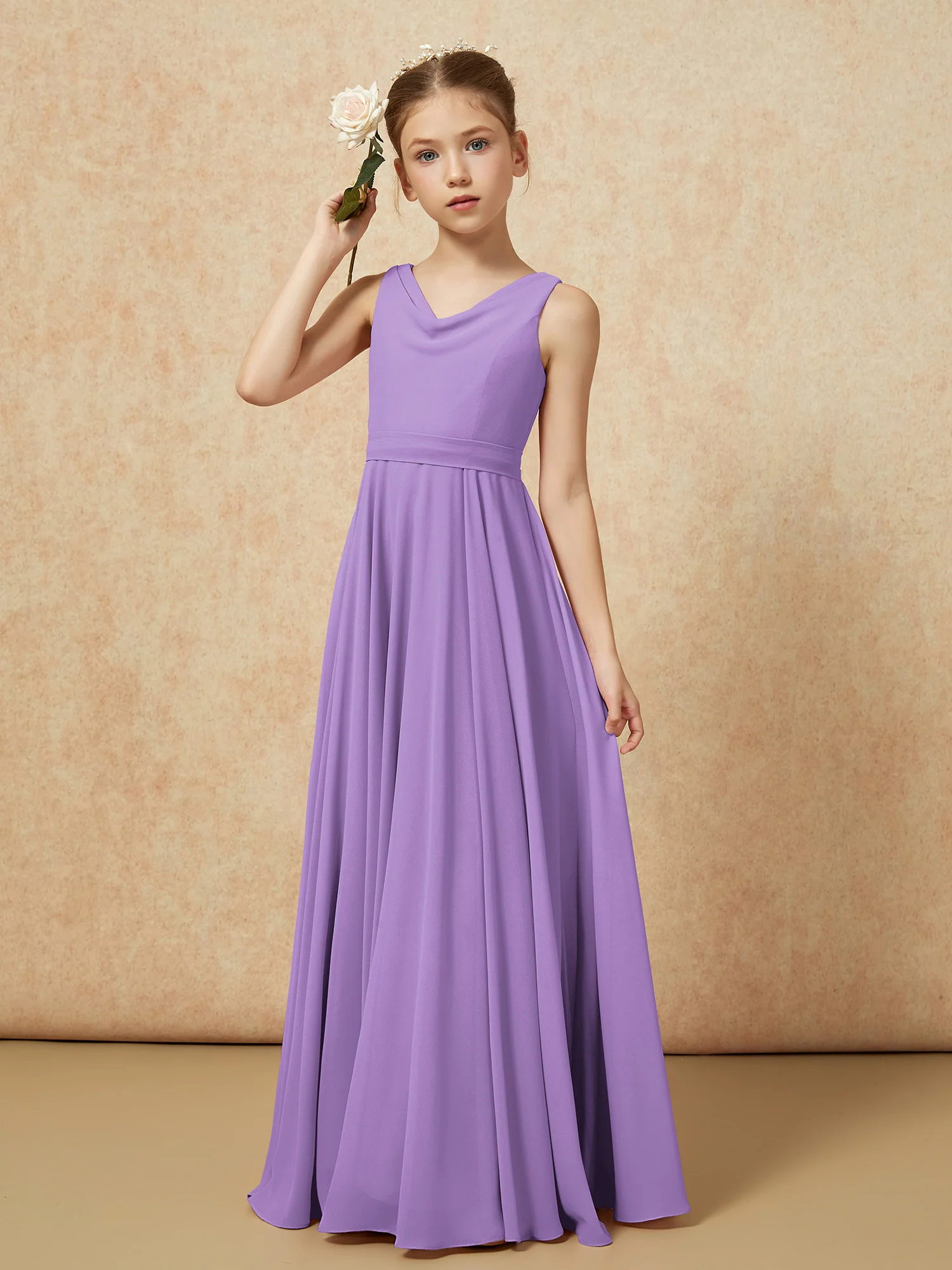 V-neck Chiffon Long Junior Bridesmaid Dress With Belt Tahiti - Image 4