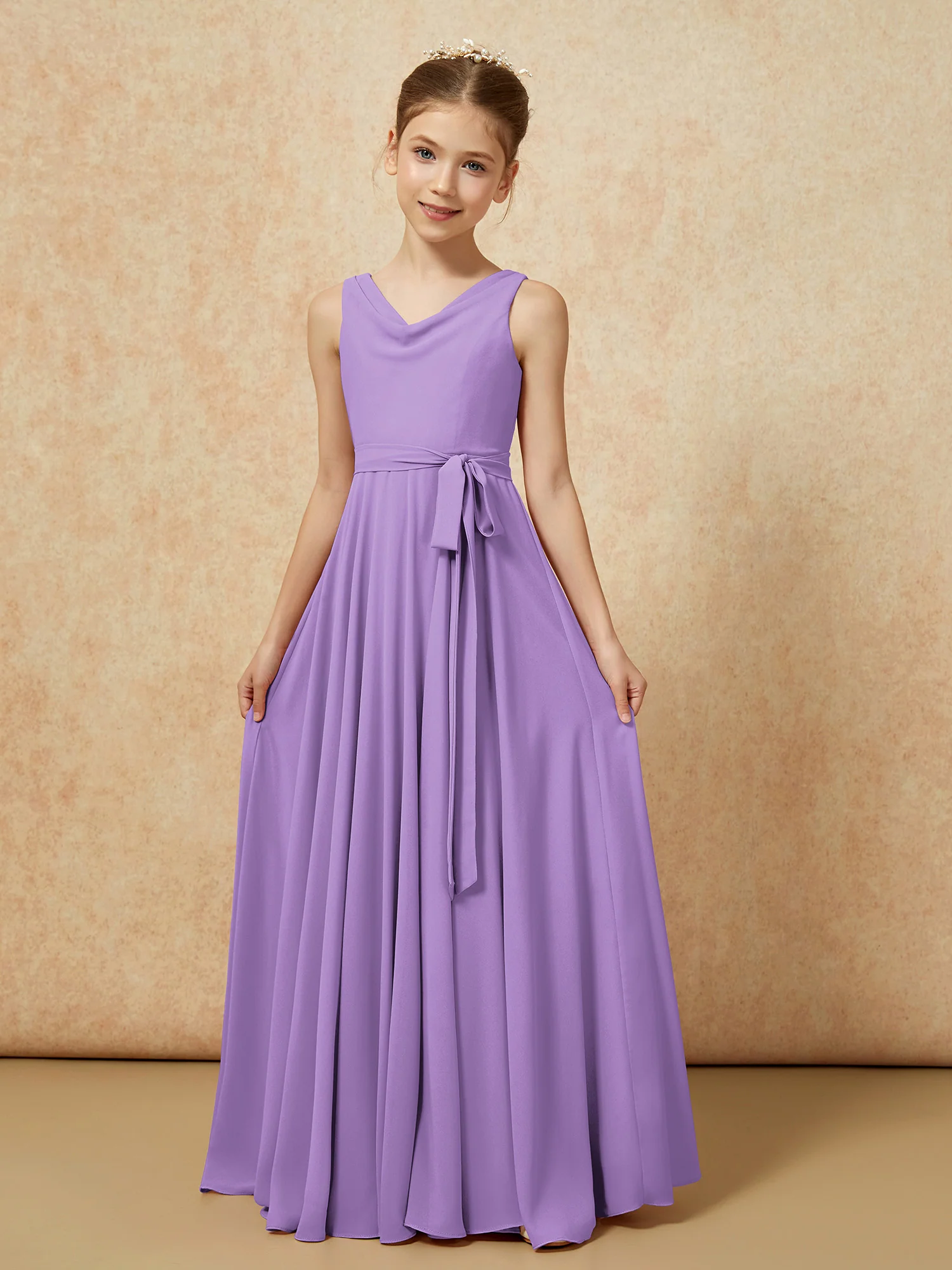 V-neck Chiffon Long Junior Bridesmaid Dress With Belt Tahiti - Image 5