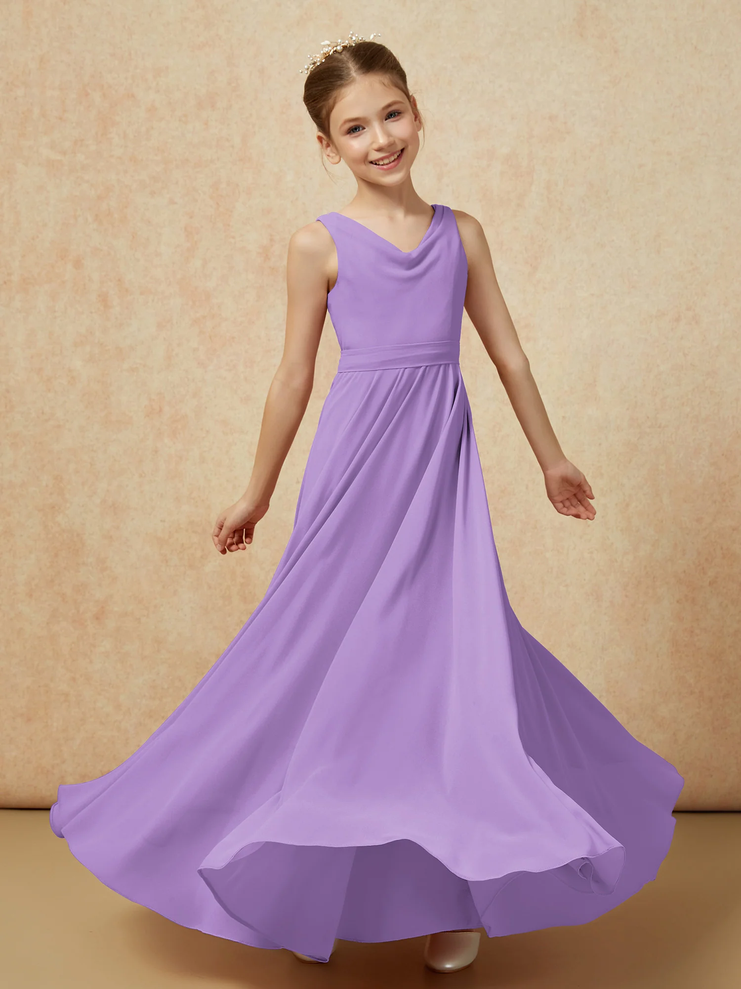 V-neck Chiffon Long Junior Bridesmaid Dress With Belt Tahiti - Image 6