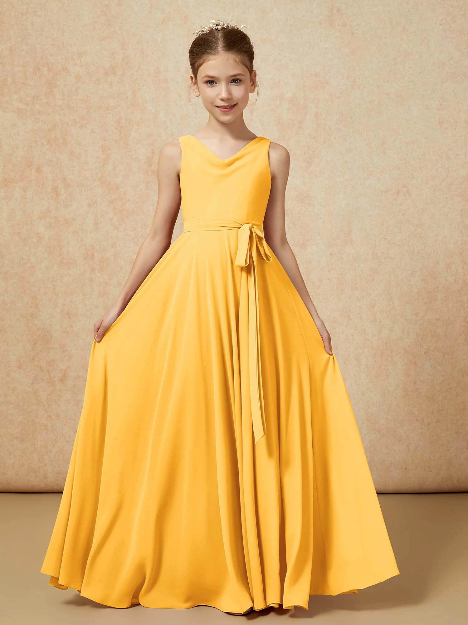 V-neck Chiffon Long Junior Bridesmaid Dress With Belt Tangerine