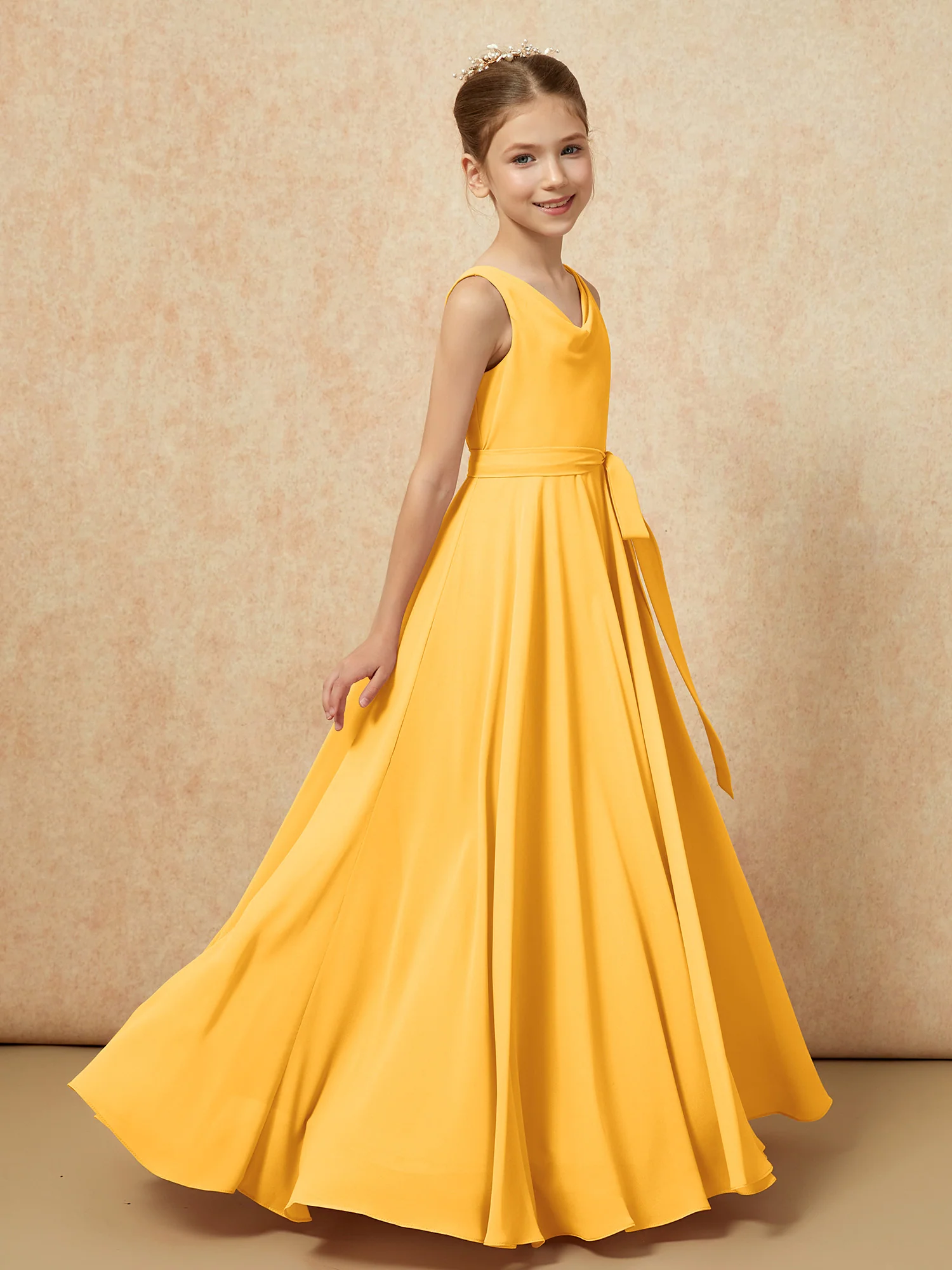V-neck Chiffon Long Junior Bridesmaid Dress With Belt Tangerine - Image 3
