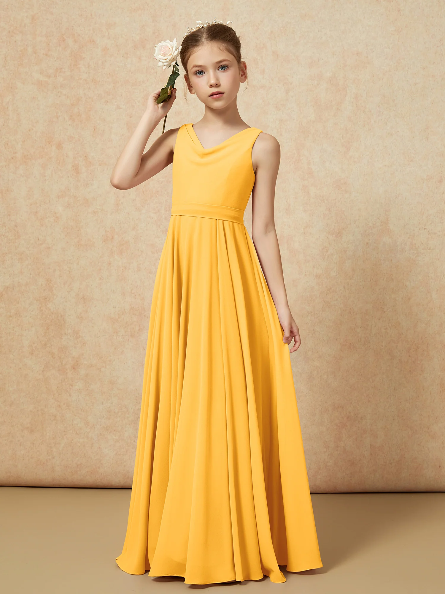 V-neck Chiffon Long Junior Bridesmaid Dress With Belt Tangerine - Image 4