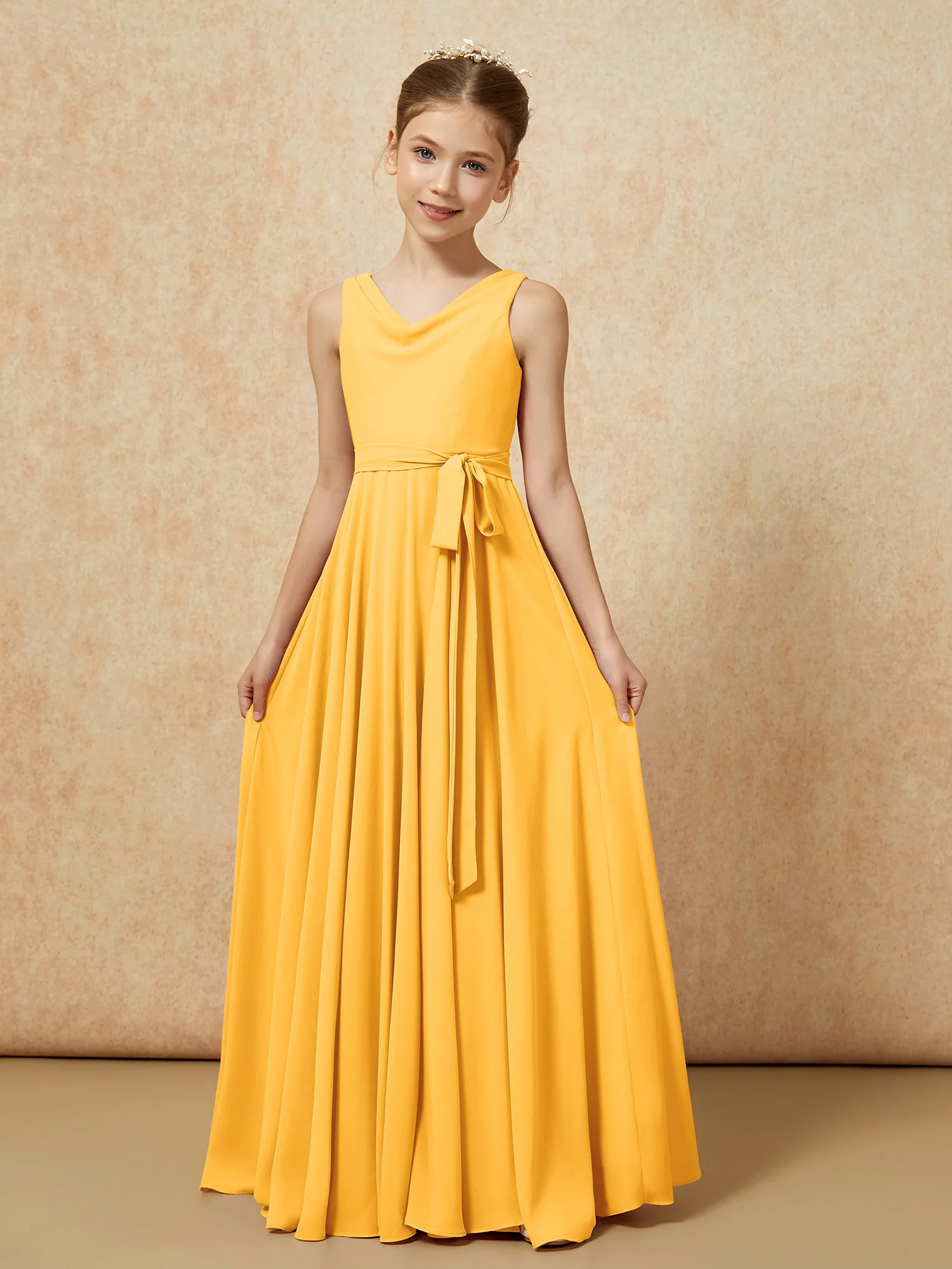 V-neck Chiffon Long Junior Bridesmaid Dress With Belt Tangerine - Image 5