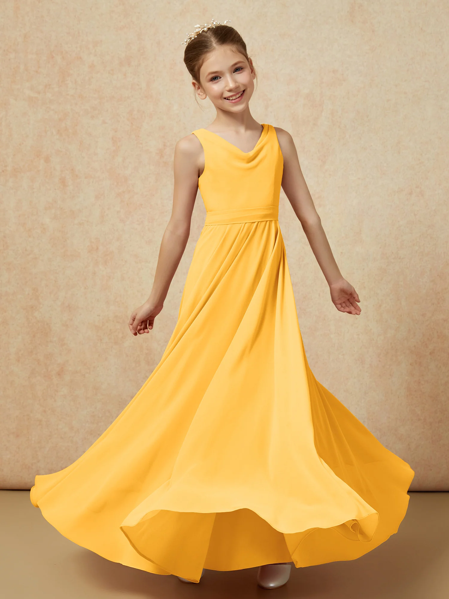 V-neck Chiffon Long Junior Bridesmaid Dress With Belt Tangerine - Image 6