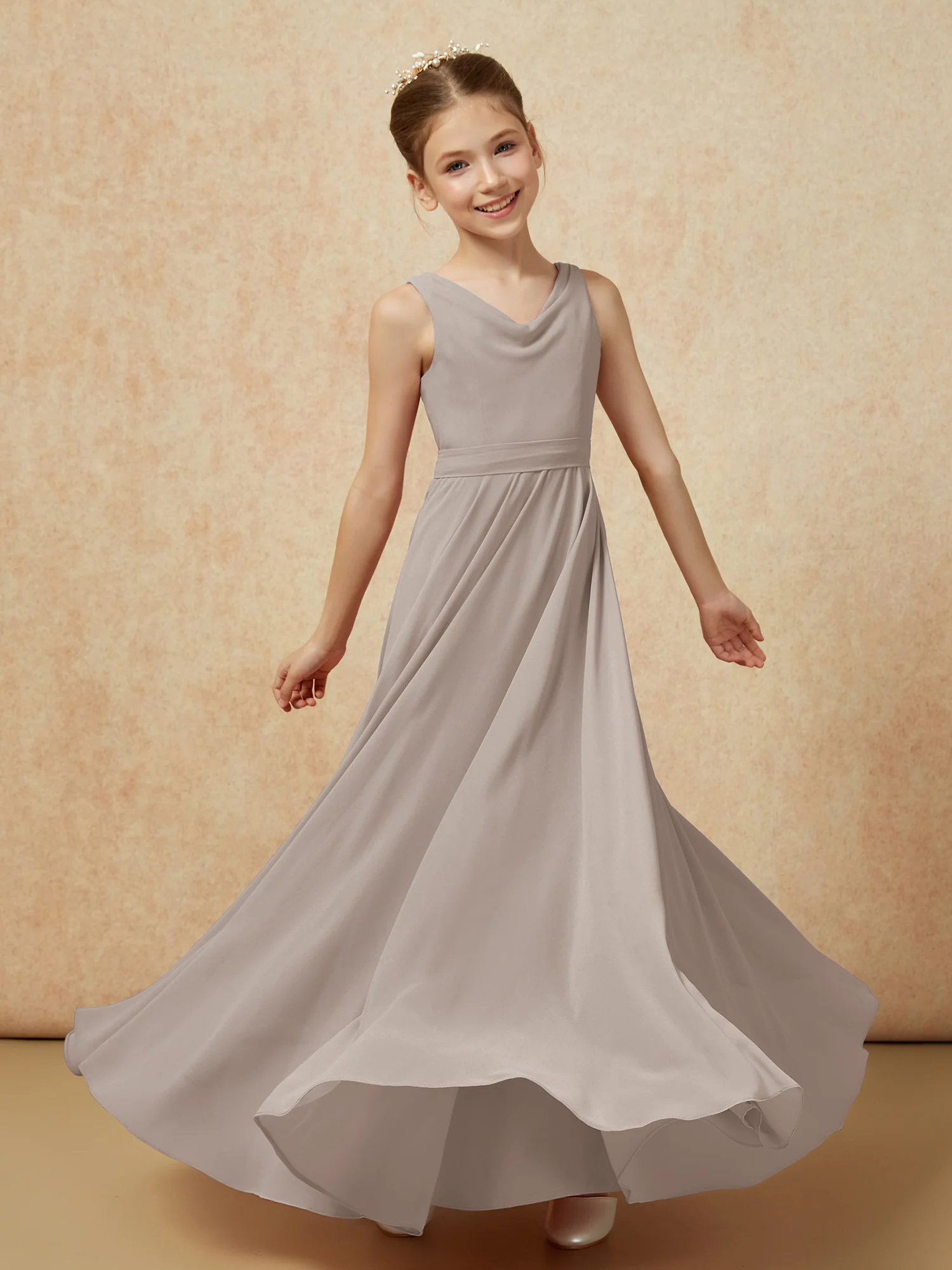 V-neck Chiffon Long Junior Bridesmaid Dress With Belt Taupe - Image 6
