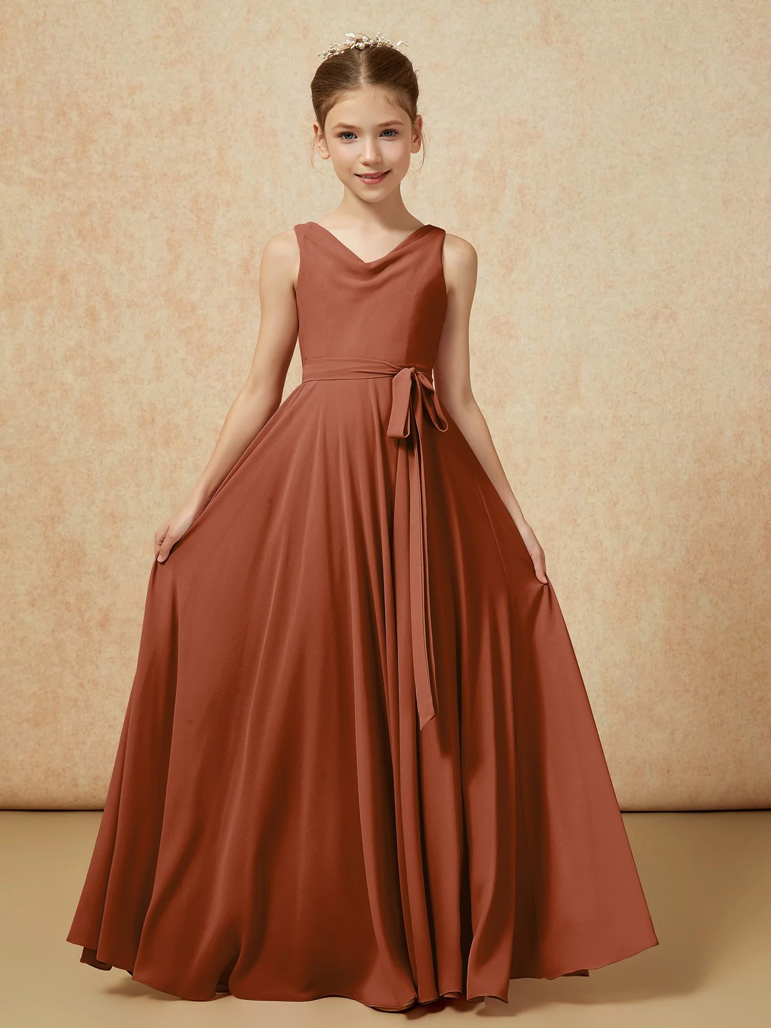 V-neck Chiffon Long Junior Bridesmaid Dress With Belt Terracotta