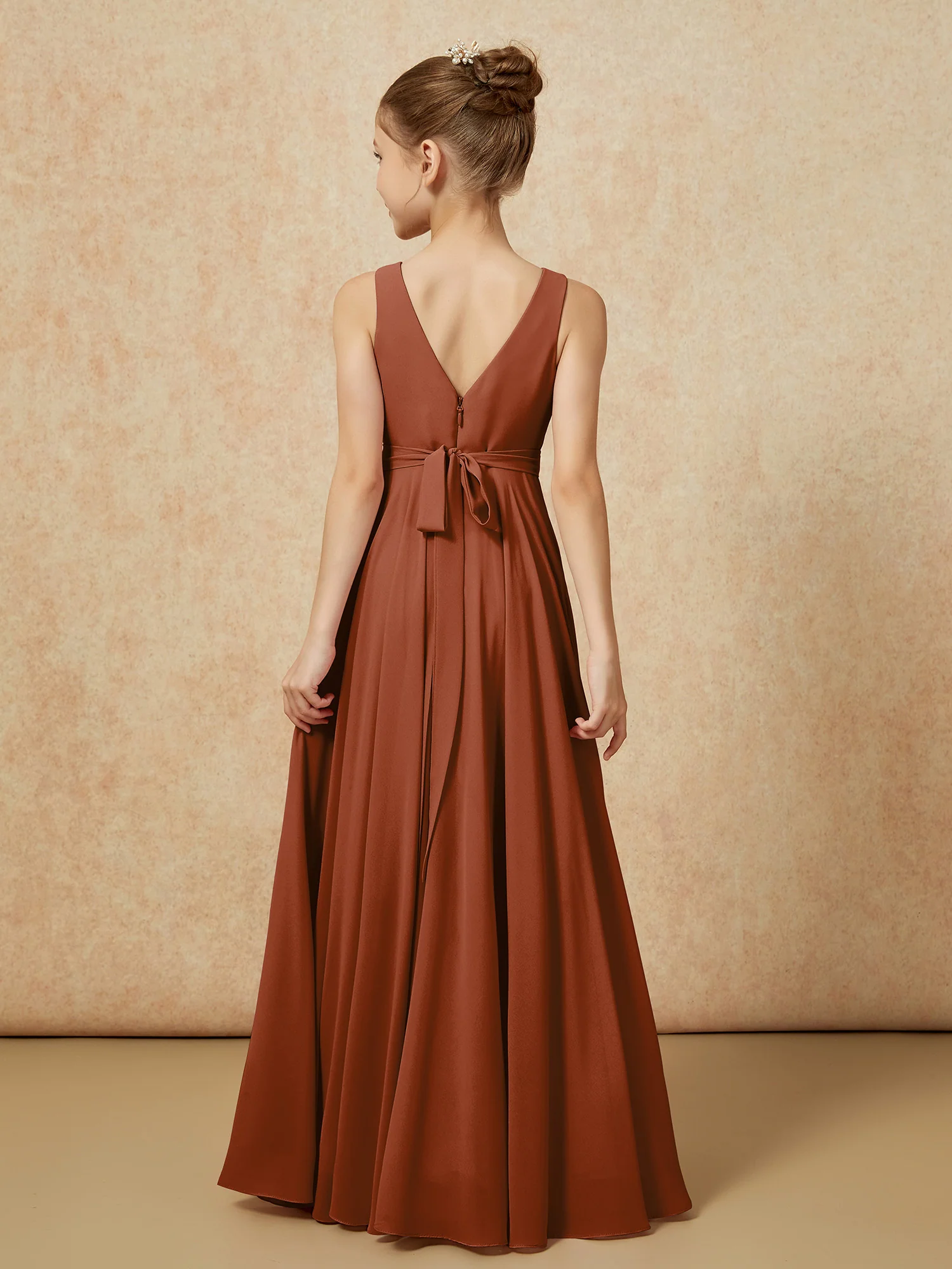 V-neck Chiffon Long Junior Bridesmaid Dress With Belt Terracotta - Image 2