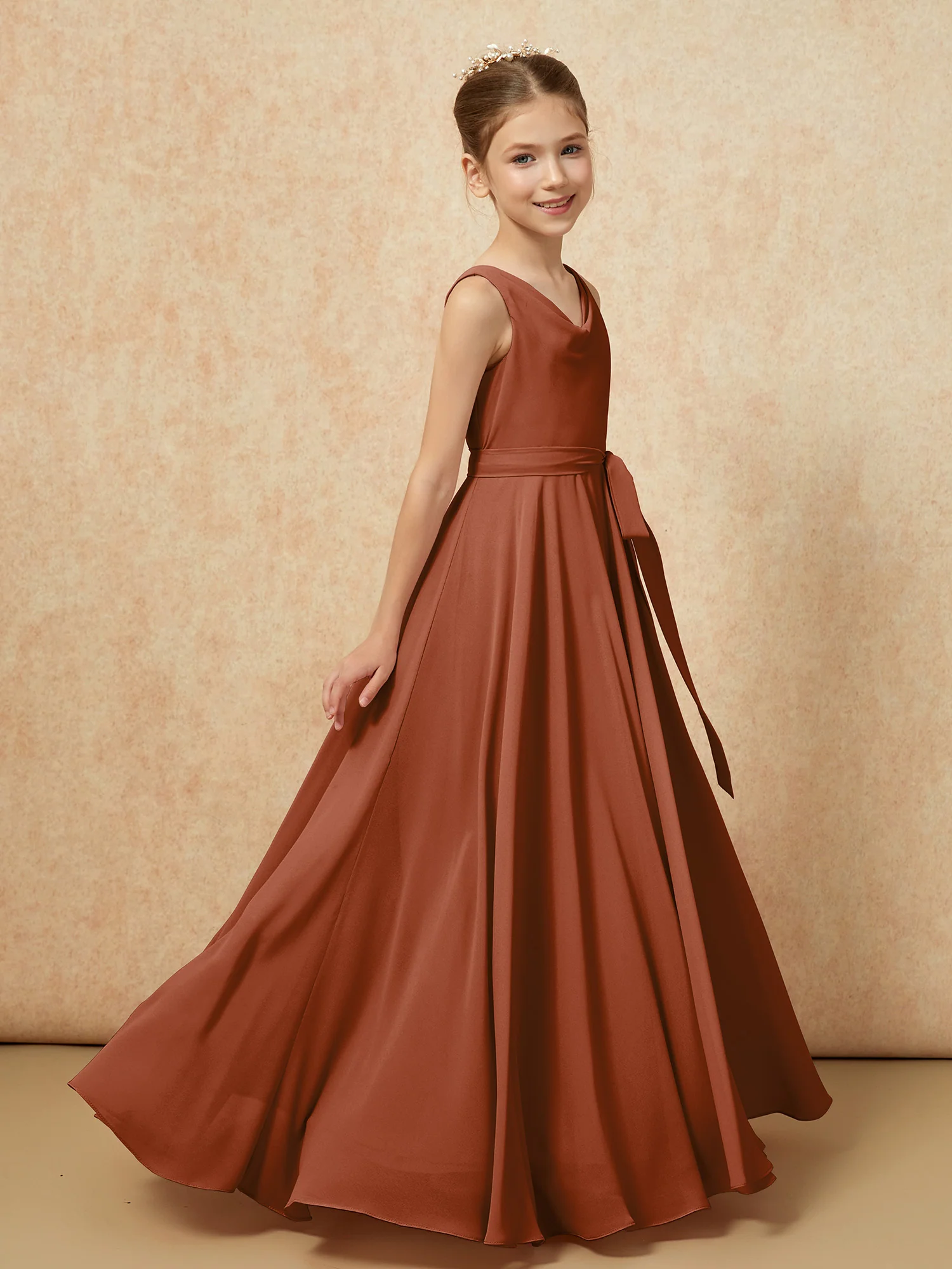 V-neck Chiffon Long Junior Bridesmaid Dress With Belt Terracotta - Image 3