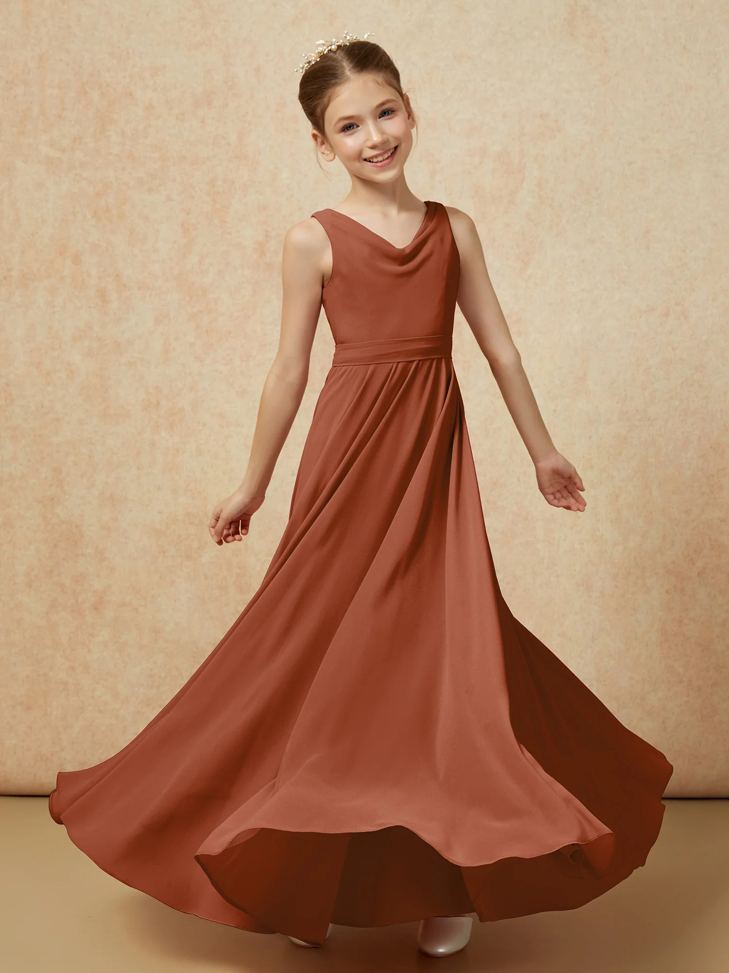 V-neck Chiffon Long Junior Bridesmaid Dress With Belt Terracotta - Image 6