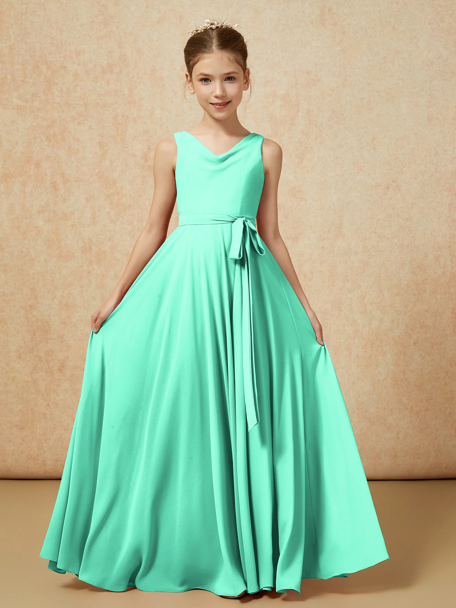 V-neck Chiffon Long Junior Bridesmaid Dress With Belt Turquoise