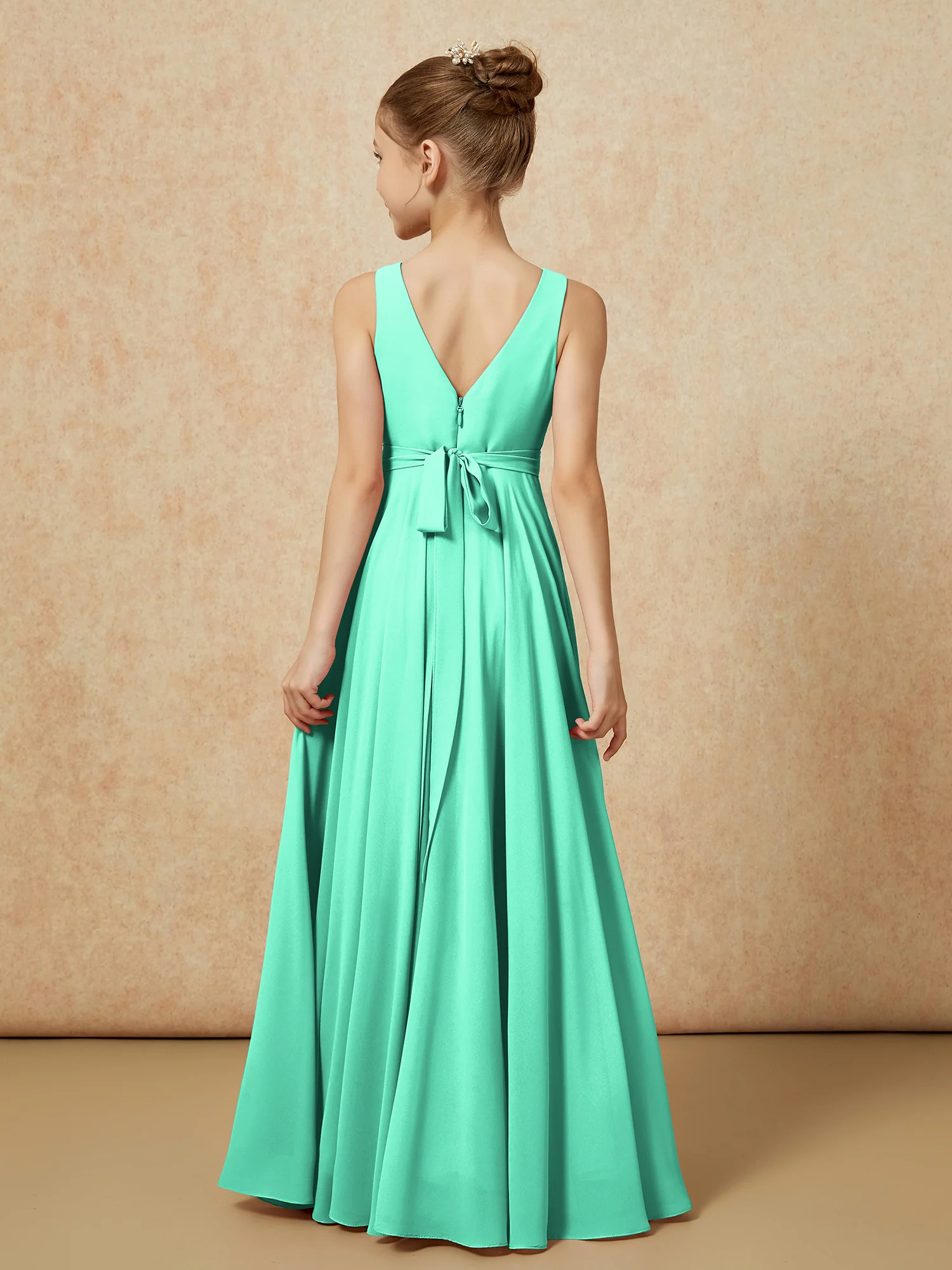 V-neck Chiffon Long Junior Bridesmaid Dress With Belt Turquoise - Image 2