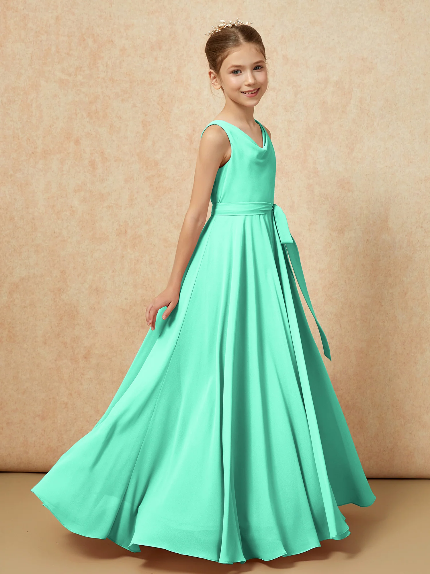 V-neck Chiffon Long Junior Bridesmaid Dress With Belt Turquoise - Image 3