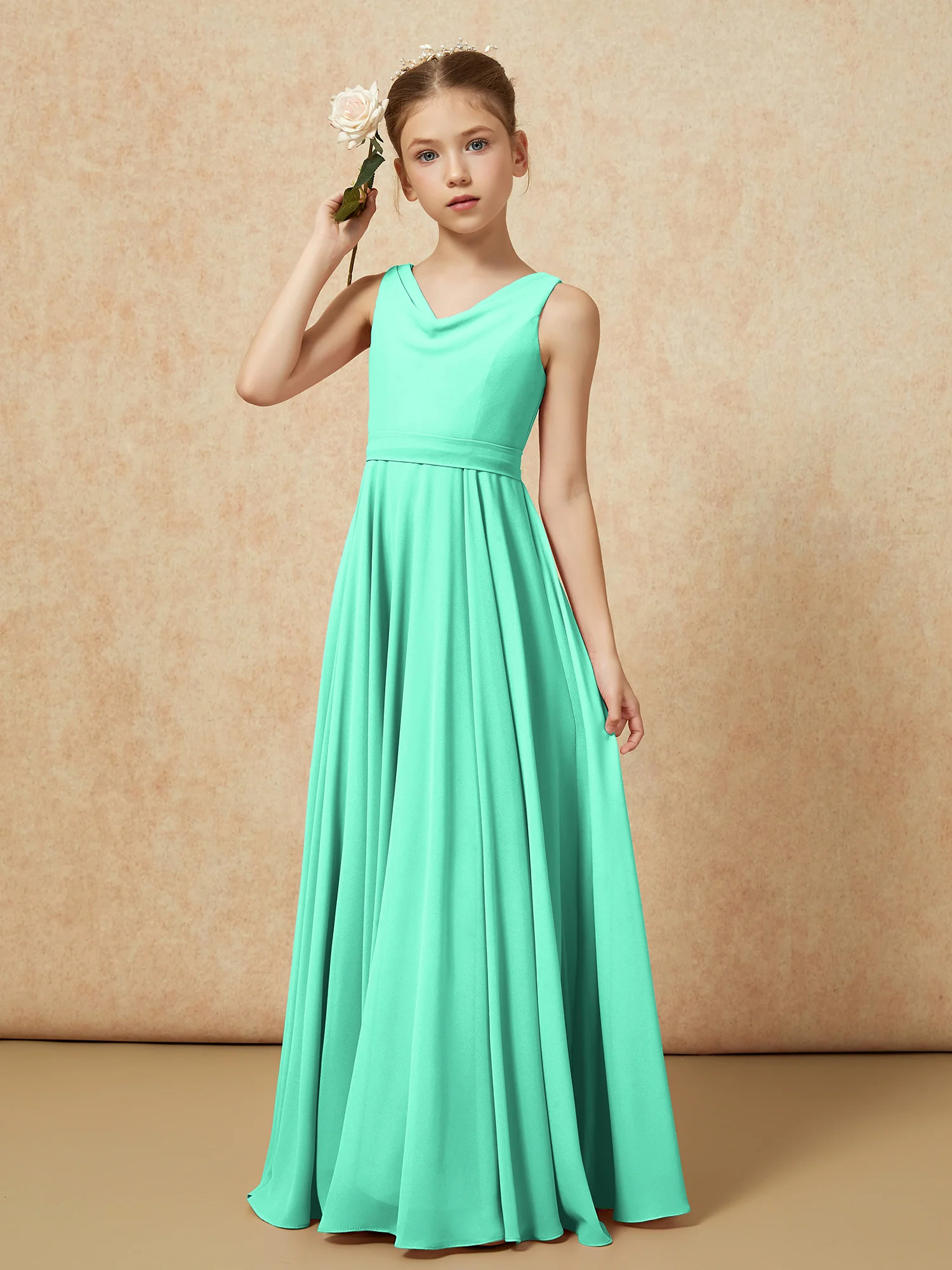 V-neck Chiffon Long Junior Bridesmaid Dress With Belt Turquoise - Image 4