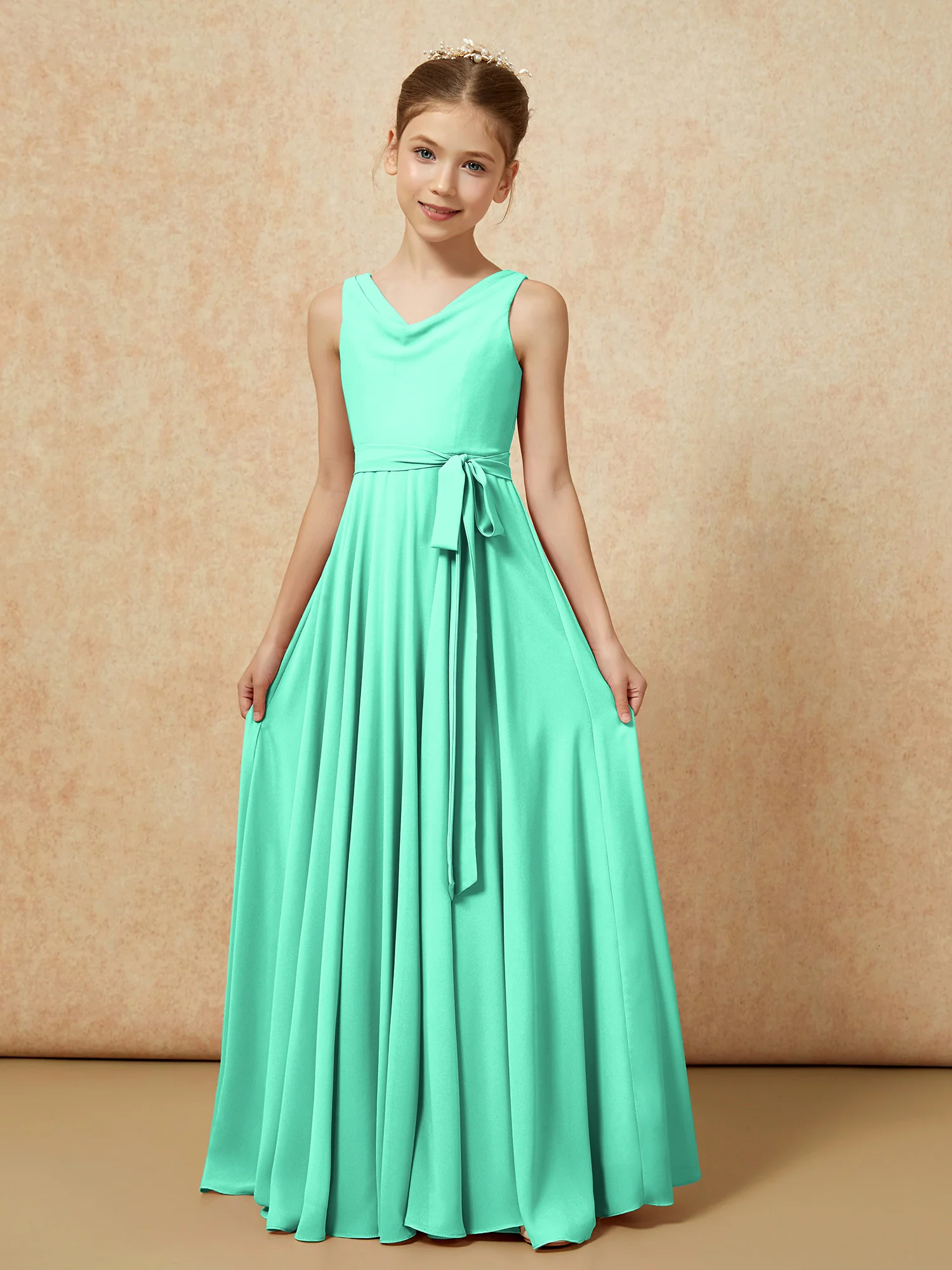 V-neck Chiffon Long Junior Bridesmaid Dress With Belt Turquoise - Image 5
